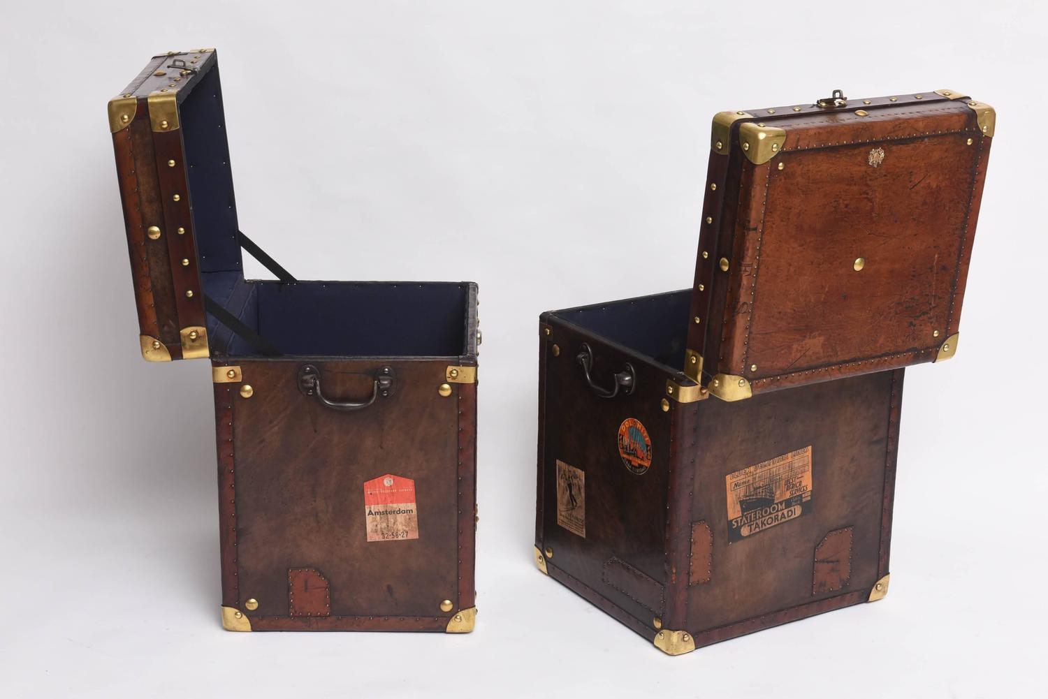 Pair of Rare Vintage Leather Trunks with Brass Hardware, England, 1940s