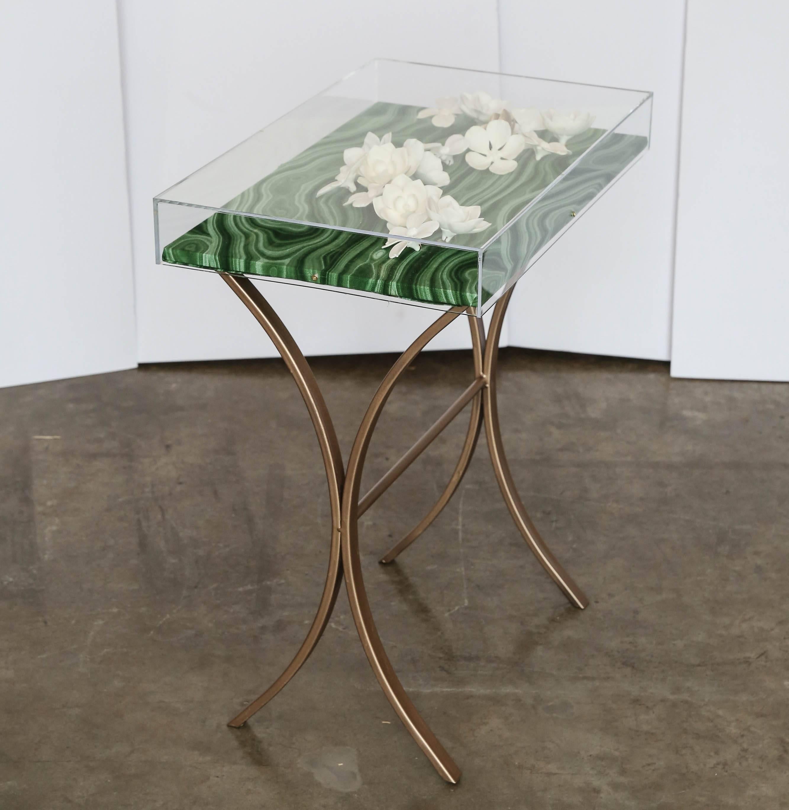 Lucite Object d'art with Rose Tone Metal Side Table by AMK for Patricia Kagan In New Condition In Houston, TX