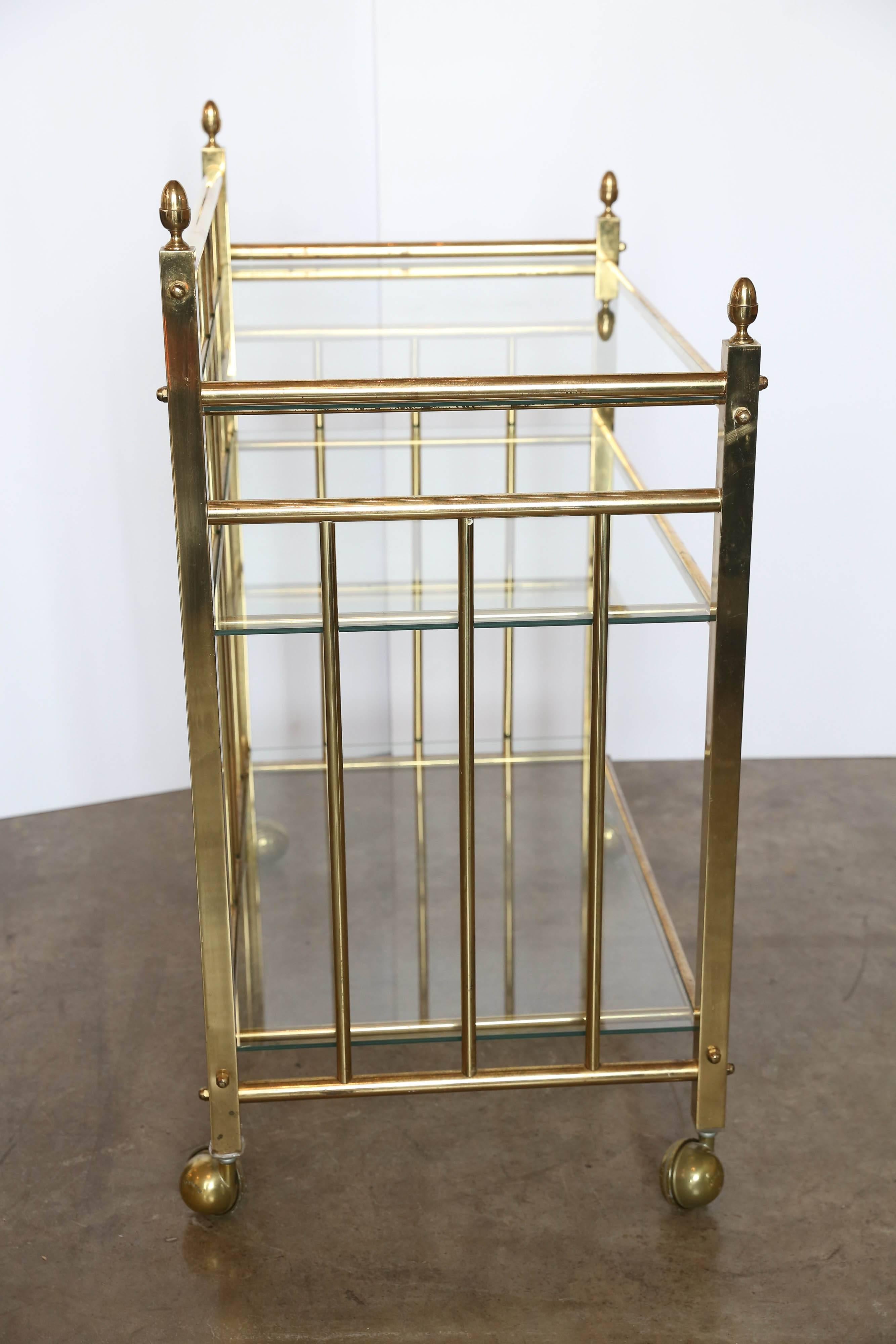 Mid-Century Modern Regency Style Three-Tier Brass and Glass Bar Cart, Tea Trolley &/or Service Cart