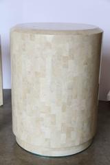 2 Maitland-Smith Ivory & Tan Tessellated Fossil w/ Inlaid Brass Band Side Tables