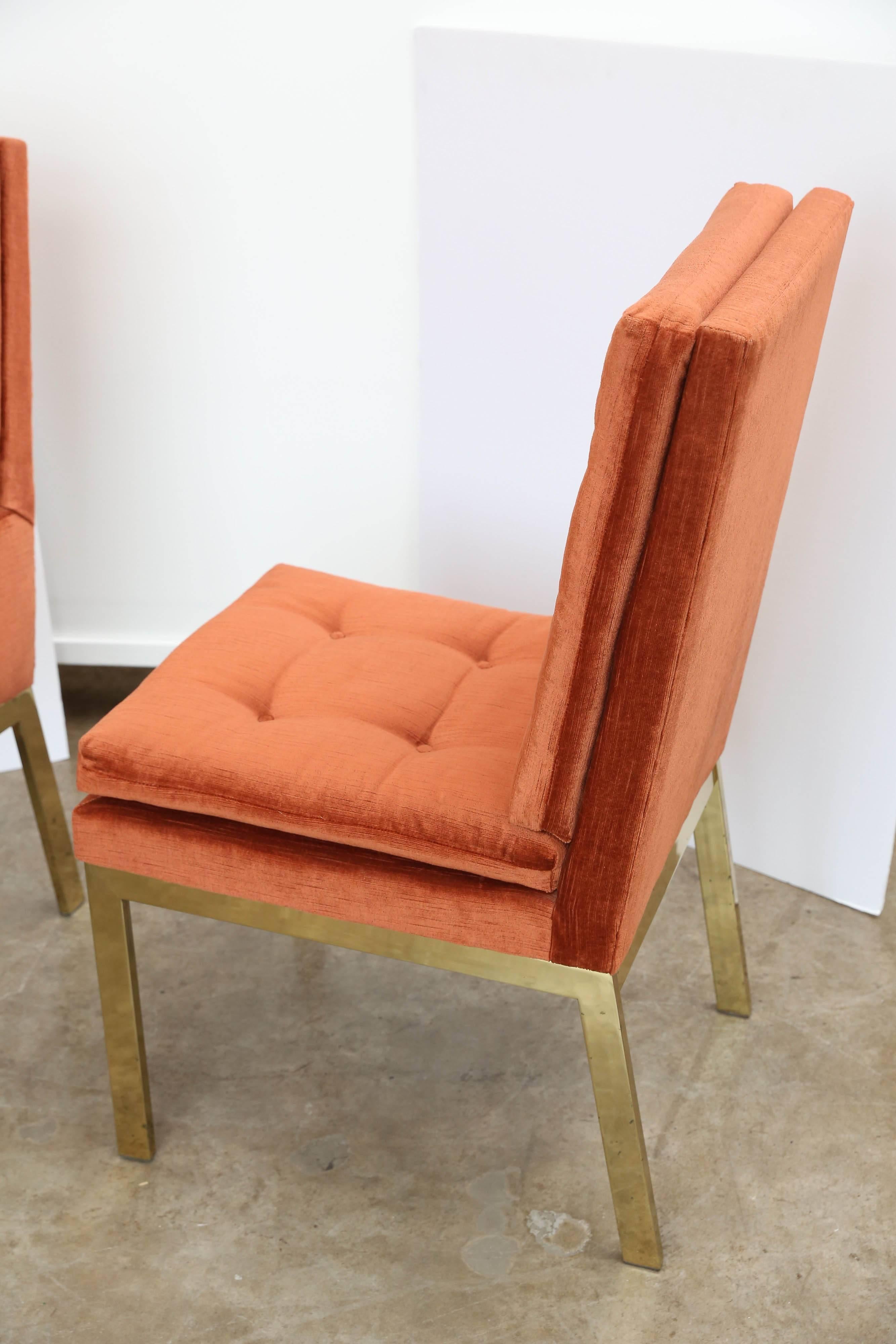 Mid-Century Modern Set of Six Brass Orange Velvet Chenille Dining Chairs by Milo Baughman for DIA