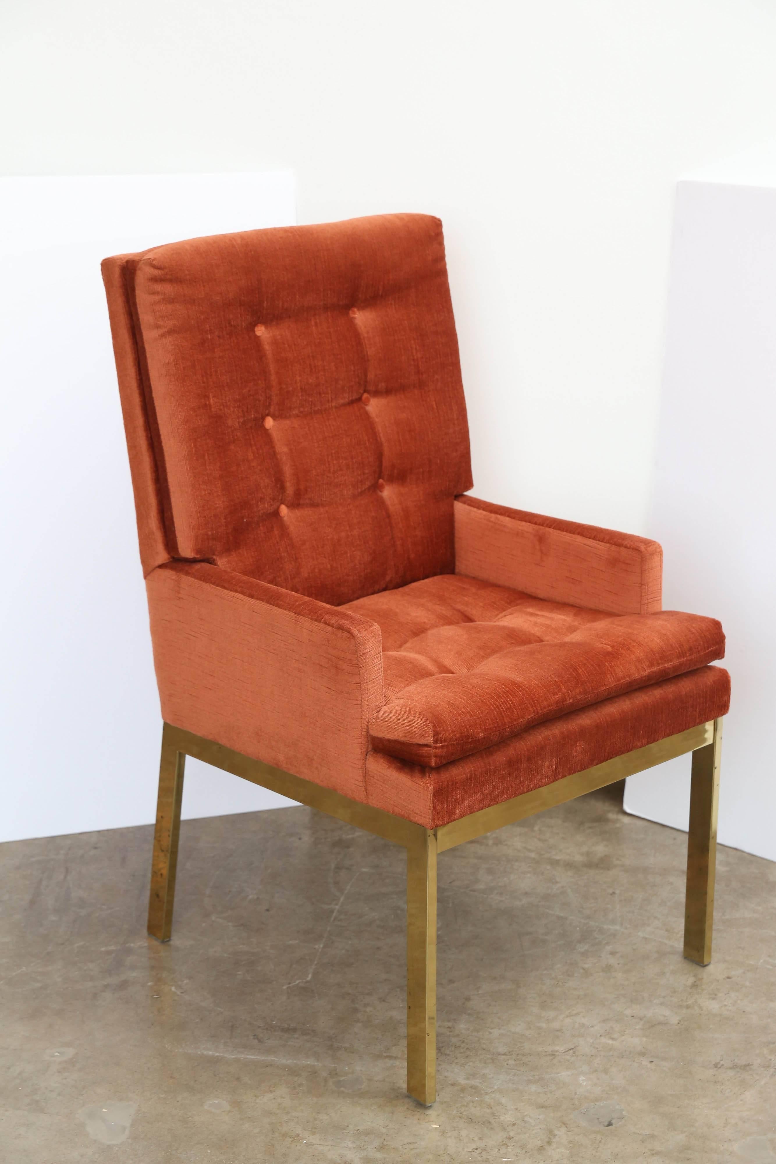 American Set of Six Brass Orange Velvet Chenille Dining Chairs by Milo Baughman for DIA