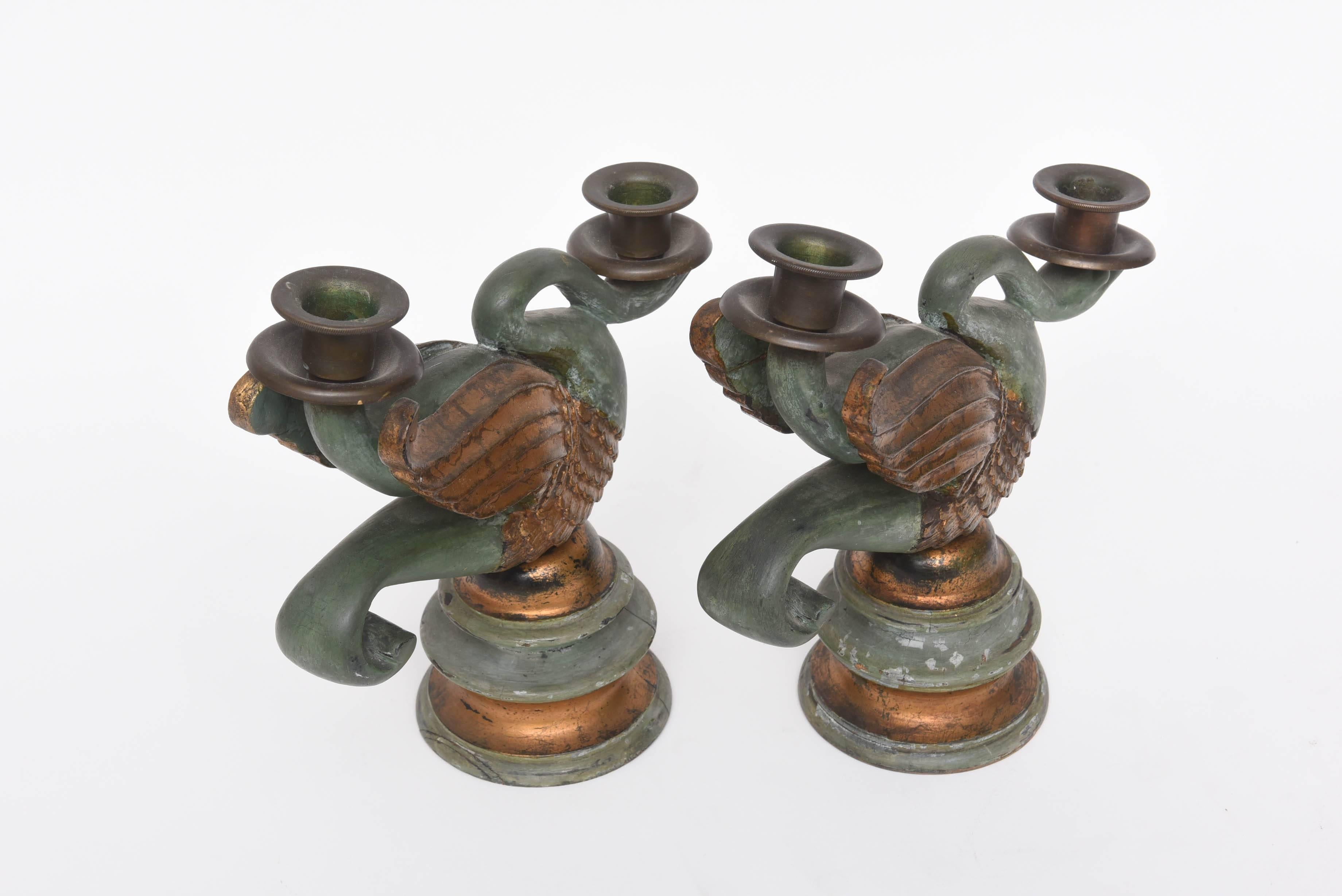 Pair of Antique Wood Carved Swan Candlesticks 1