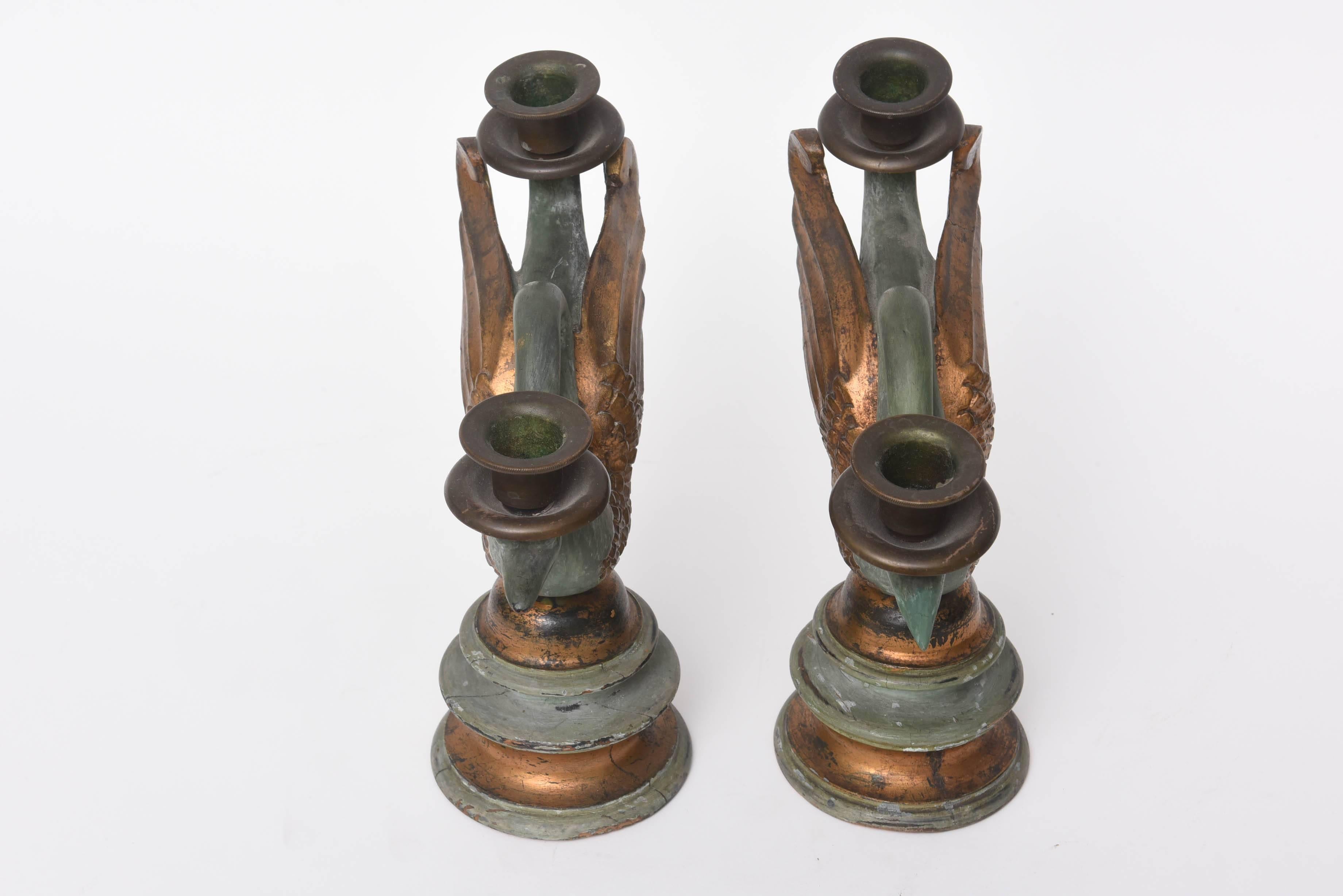 Pair of Antique Wood Carved Swan Candlesticks 2