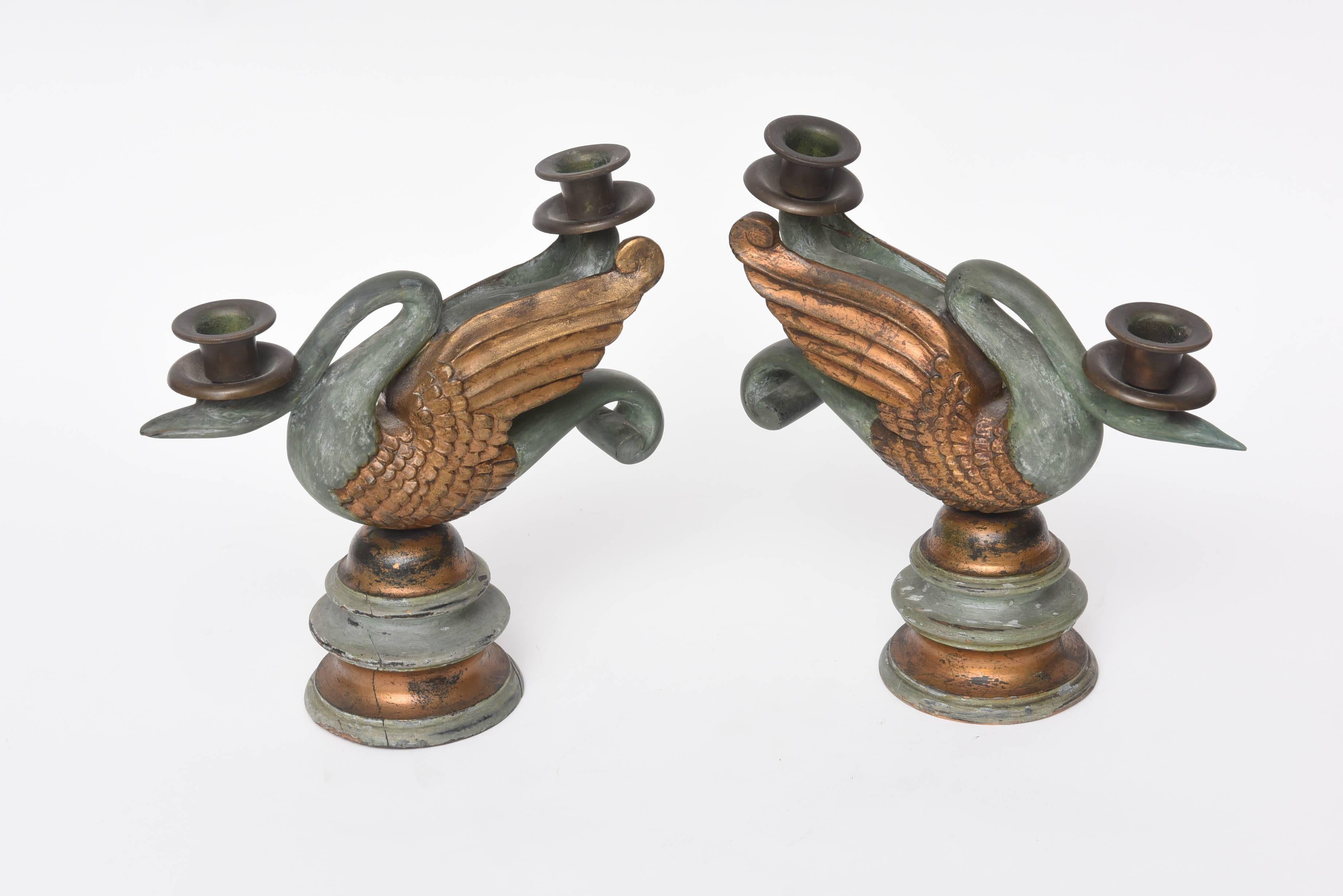 Pair of Antique Wood Carved Swan Candlesticks 3