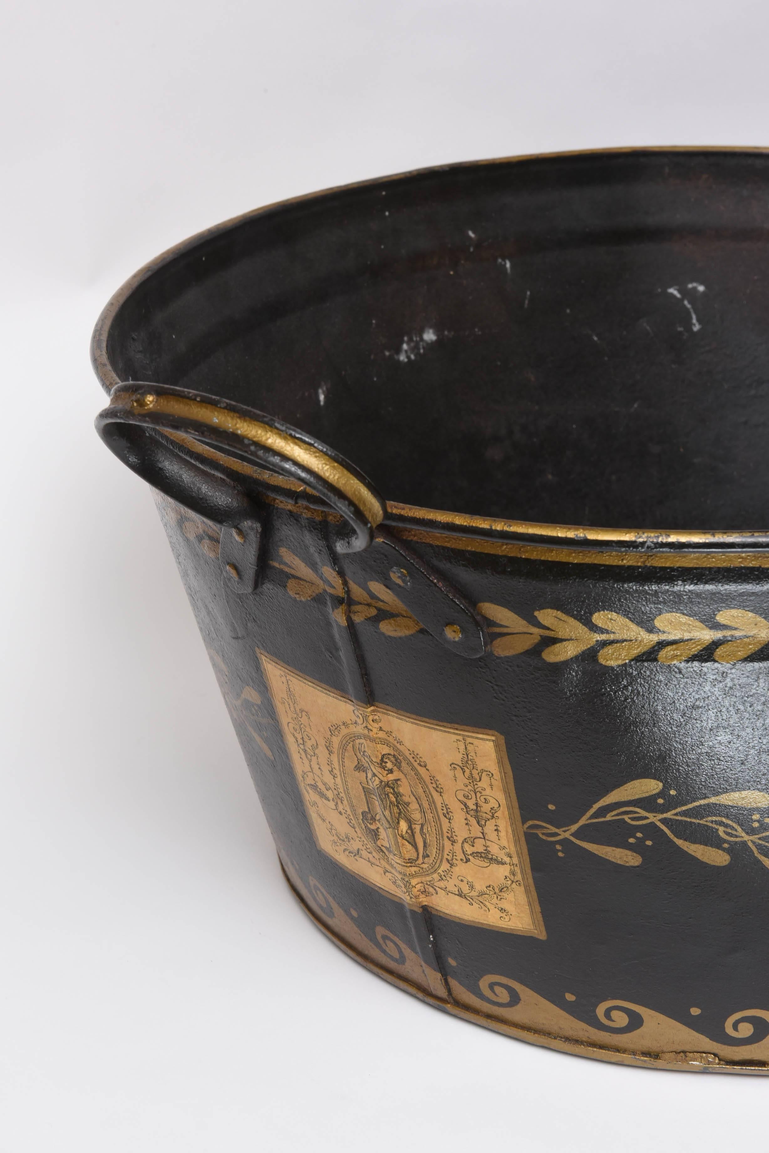 French Large Black and Gold Tole Container