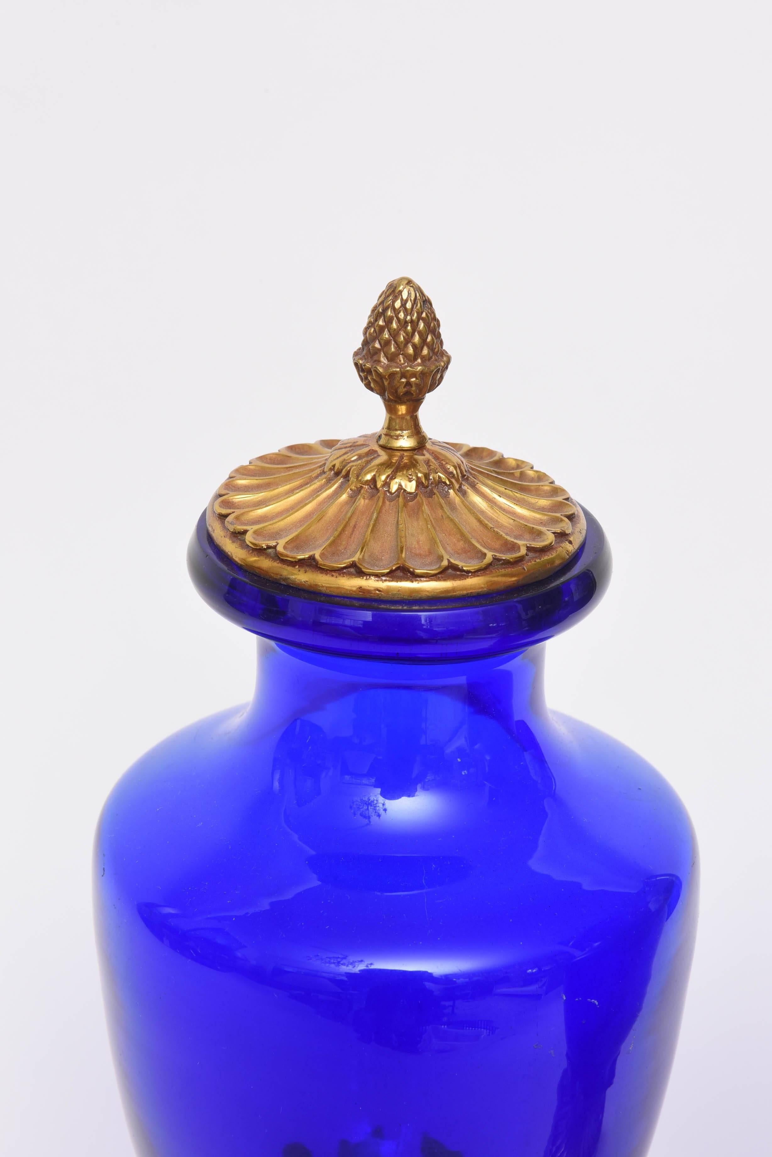 French Pair of Cobalt Blue and Doré Bronze Urns