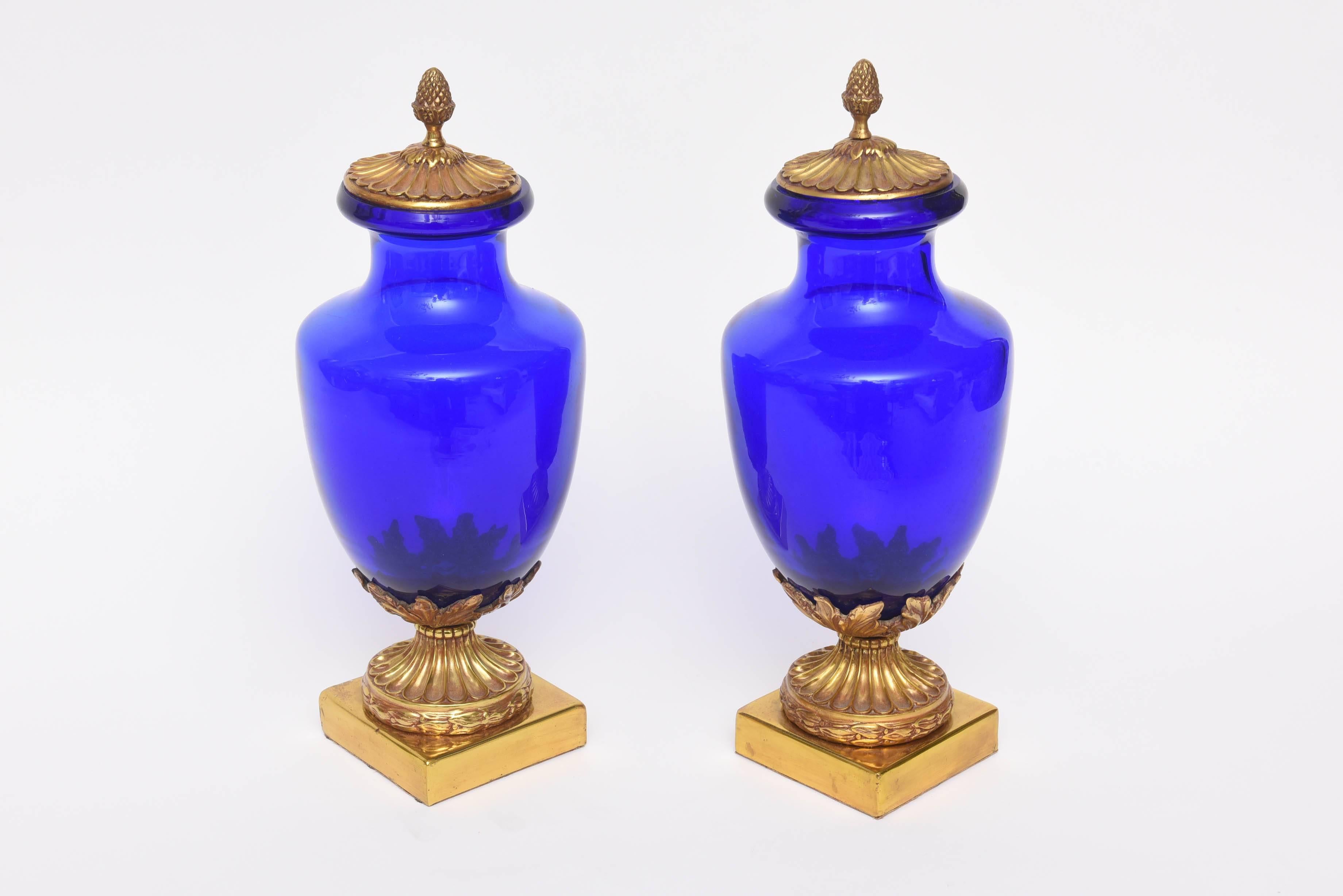 20th Century Pair of Cobalt Blue and Doré Bronze Urns