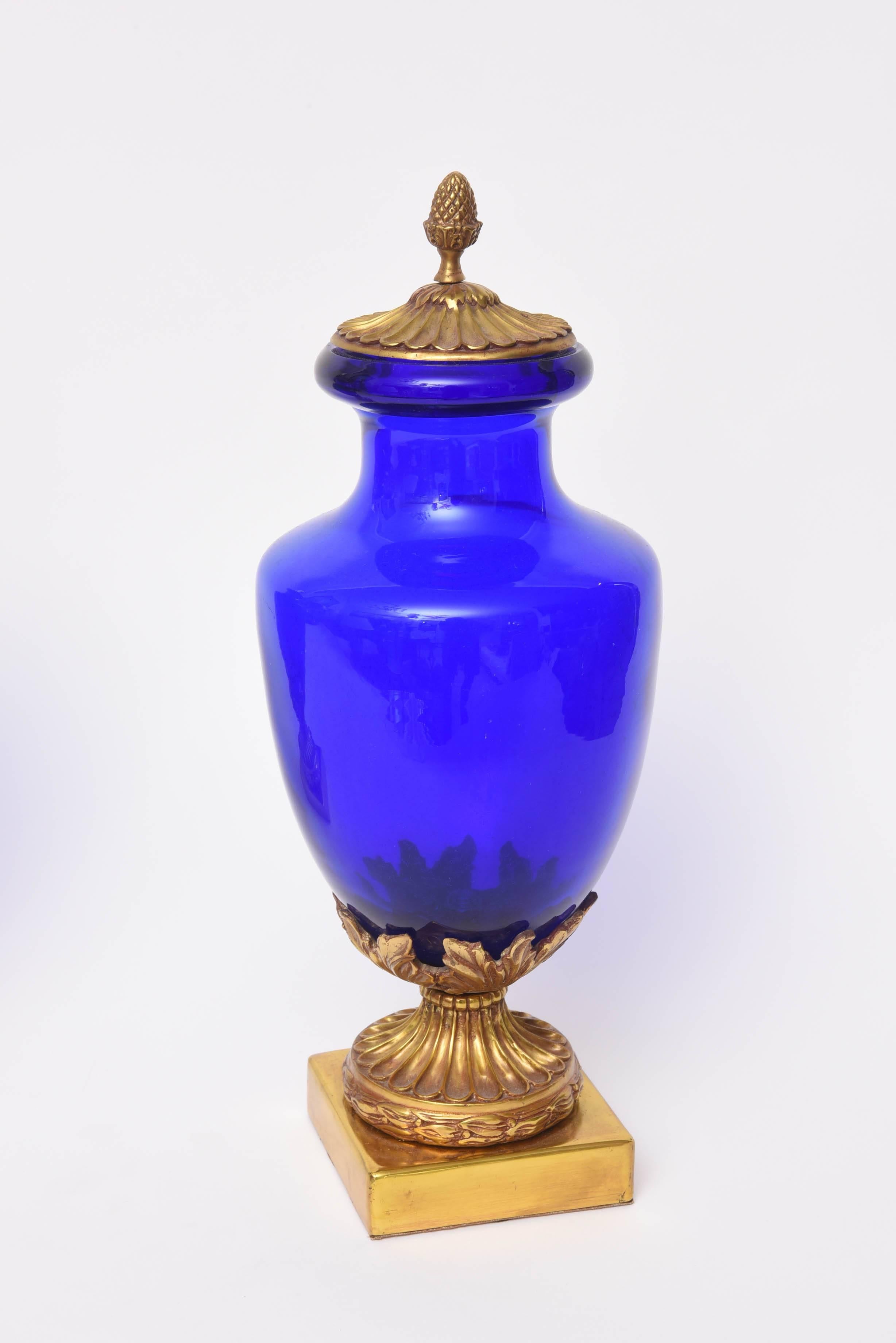 Pair of Cobalt Blue and Doré Bronze Urns 1