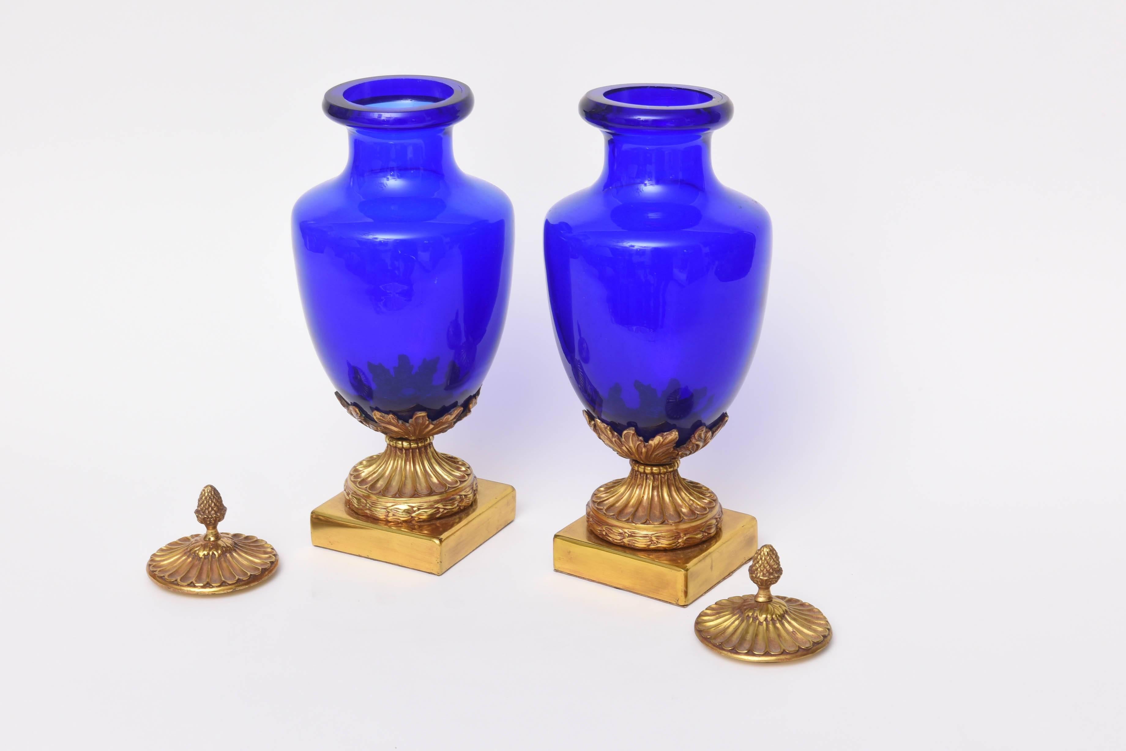 Pair of Cobalt Blue and Doré Bronze Urns 2