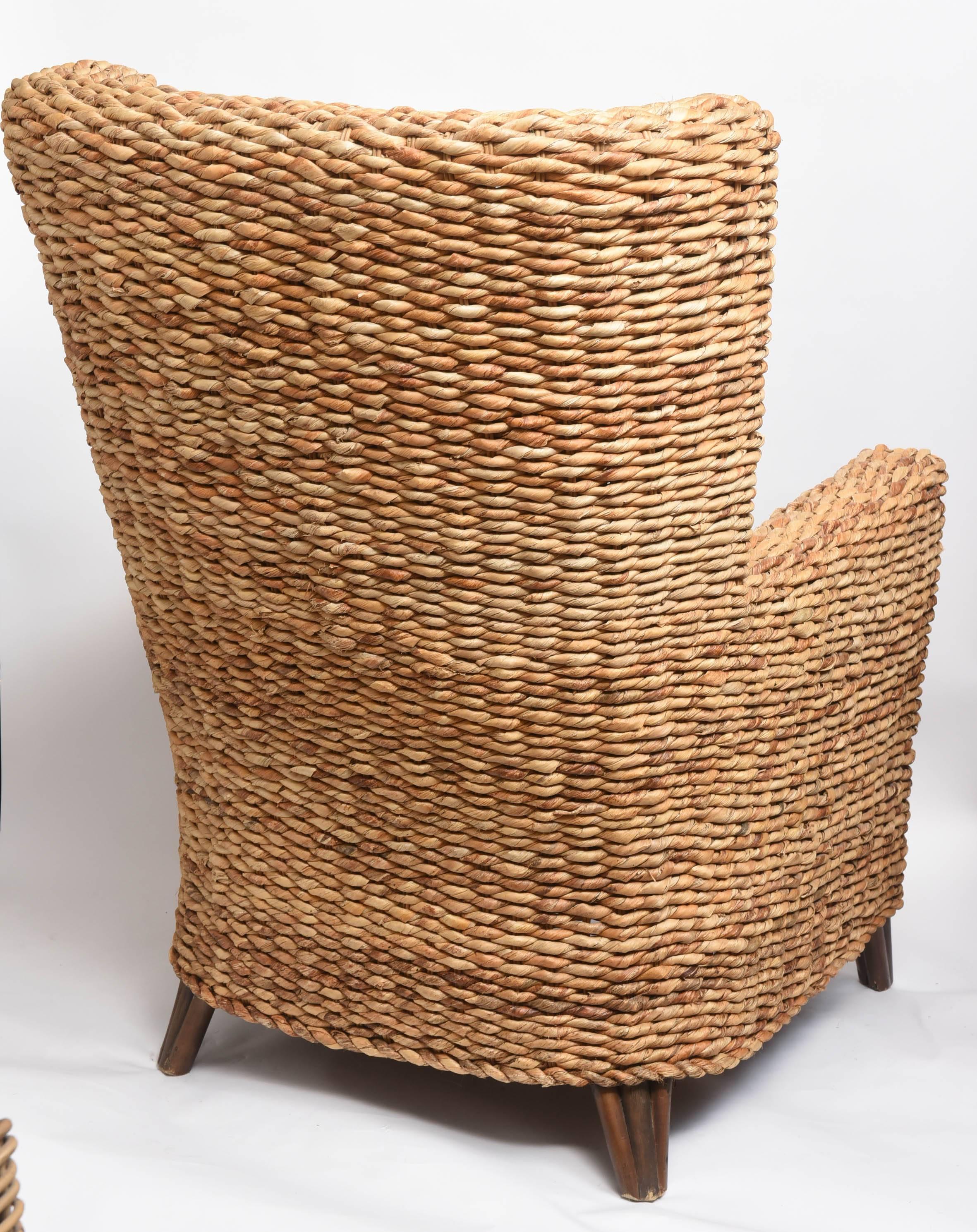 Pair of Large Woven Banana Leaf Wing Chairs 1