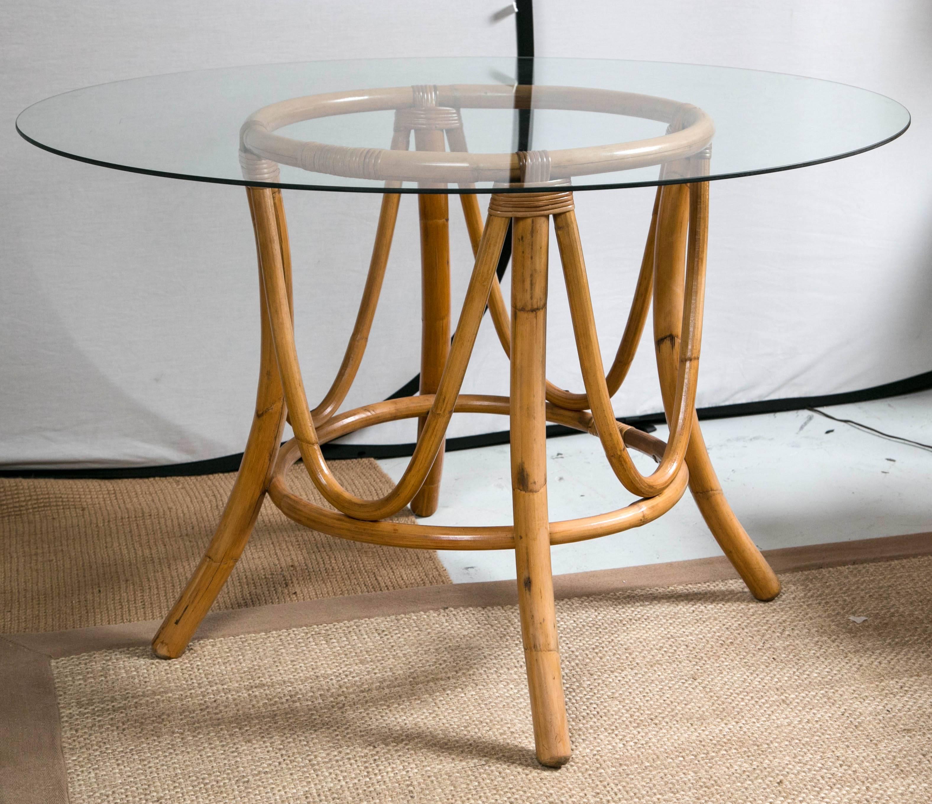 Mid-Century Modern Vintage Bamboo, Rattan, Round Dining Table and Chairs