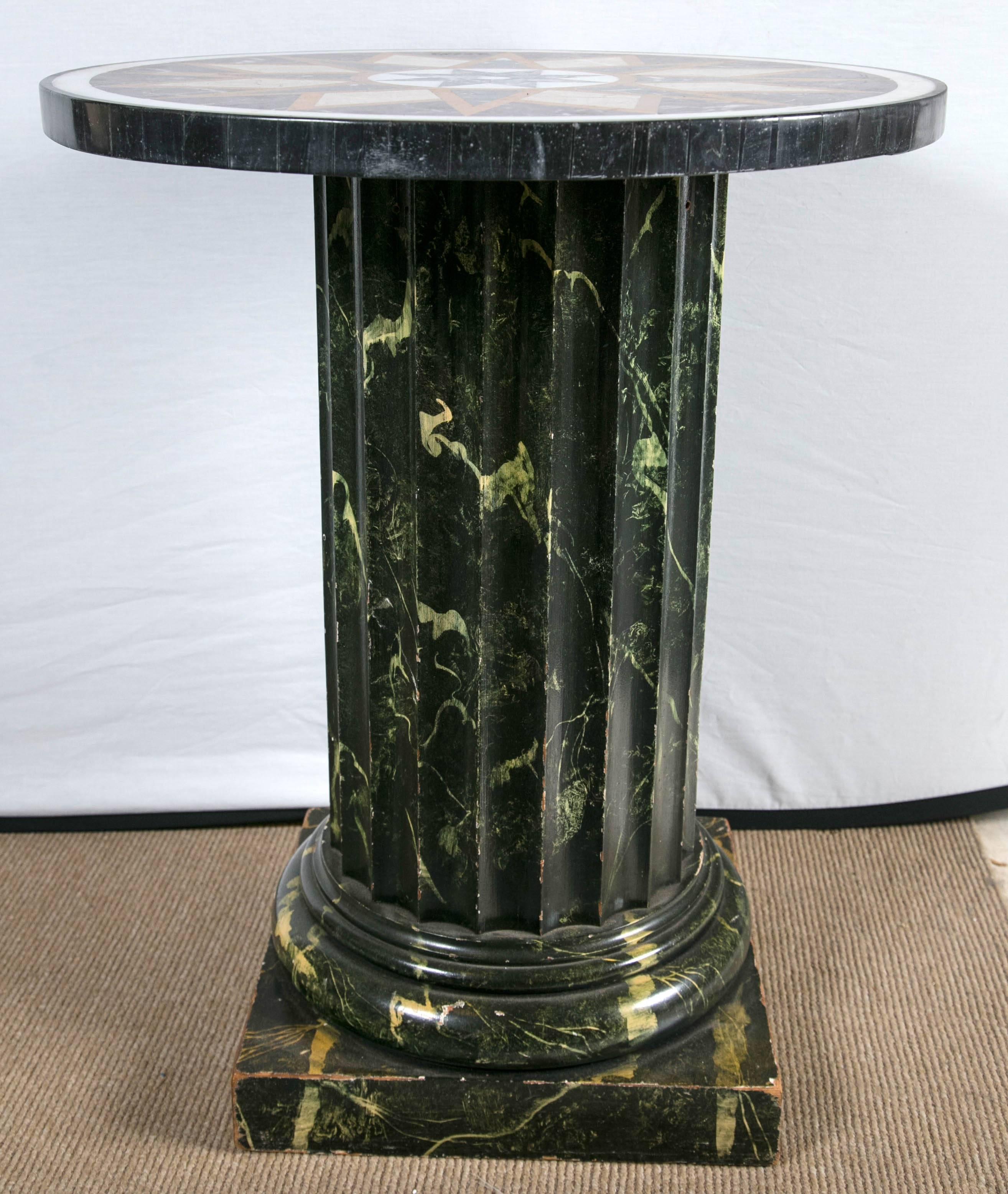 Pair of Round Marble topped side tables on faux fluted painted wooden columns.