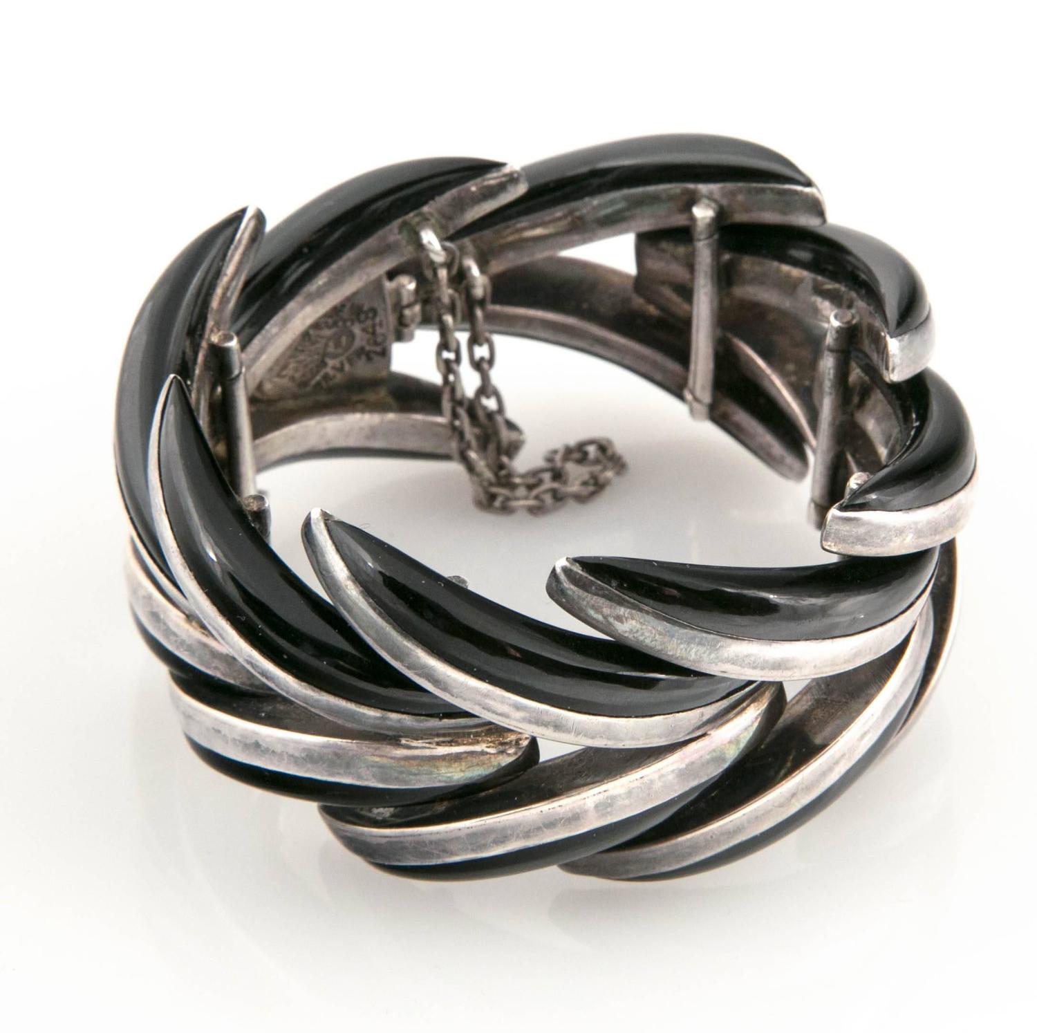 Antonio Pineda Iconic Mexican Designer Onyx and Silver Bracelet For ...