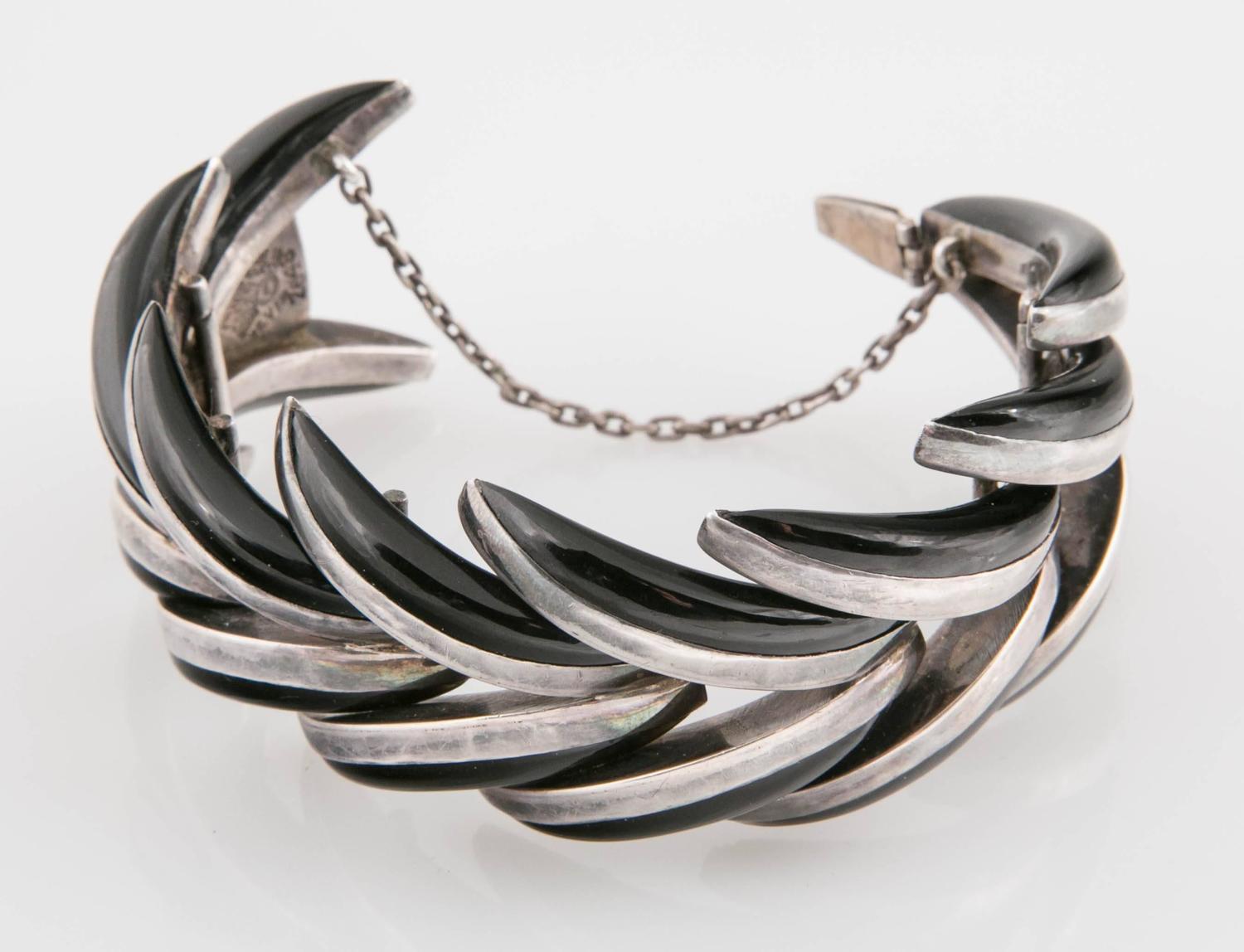 Antonio Pineda Iconic Mexican Designer Onyx and Silver Bracelet For ...