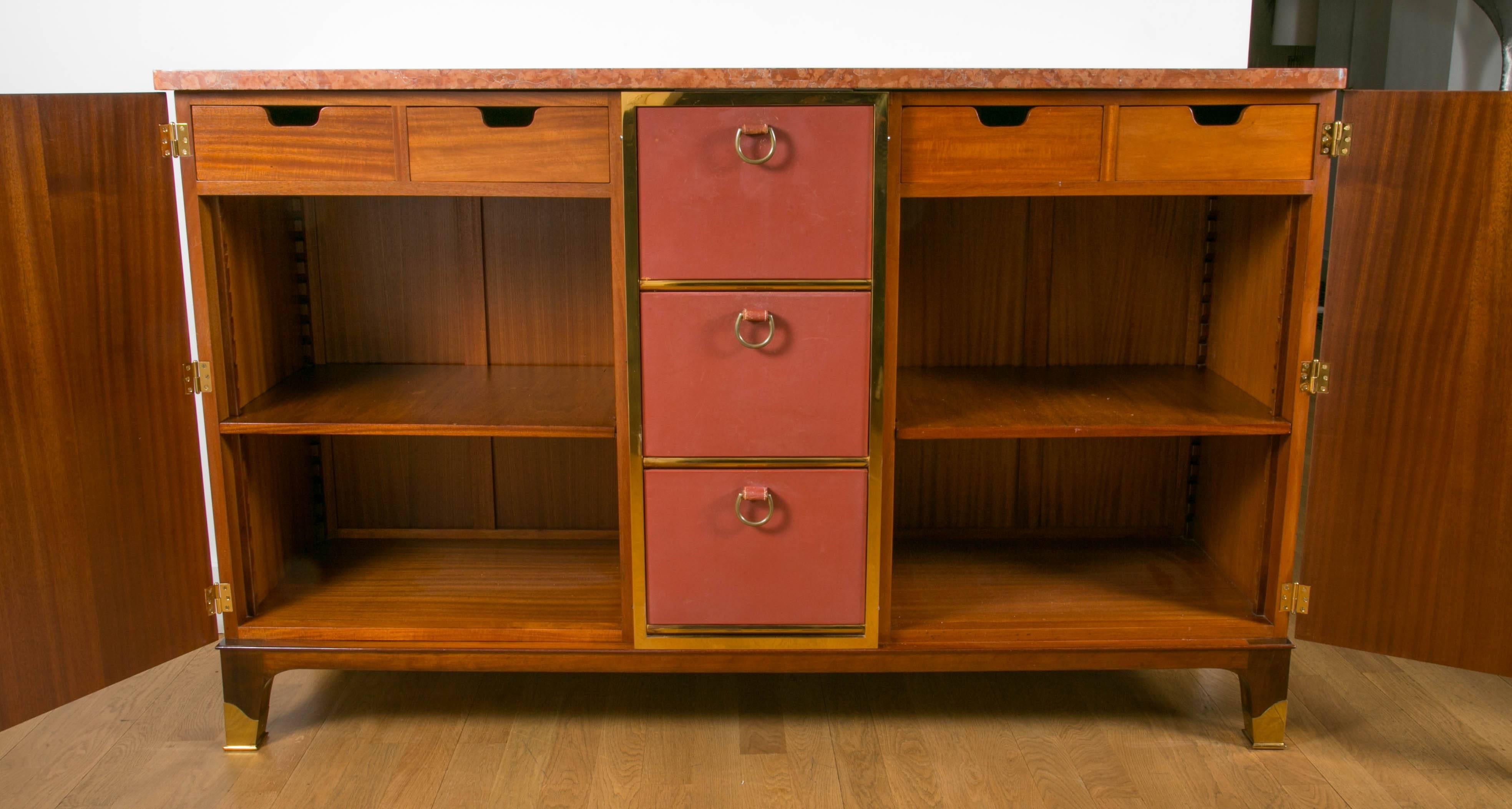 French Rare mahogany and leather Sideboard cabinet, 1958, by P.Dupré-Lafon, France. For Sale