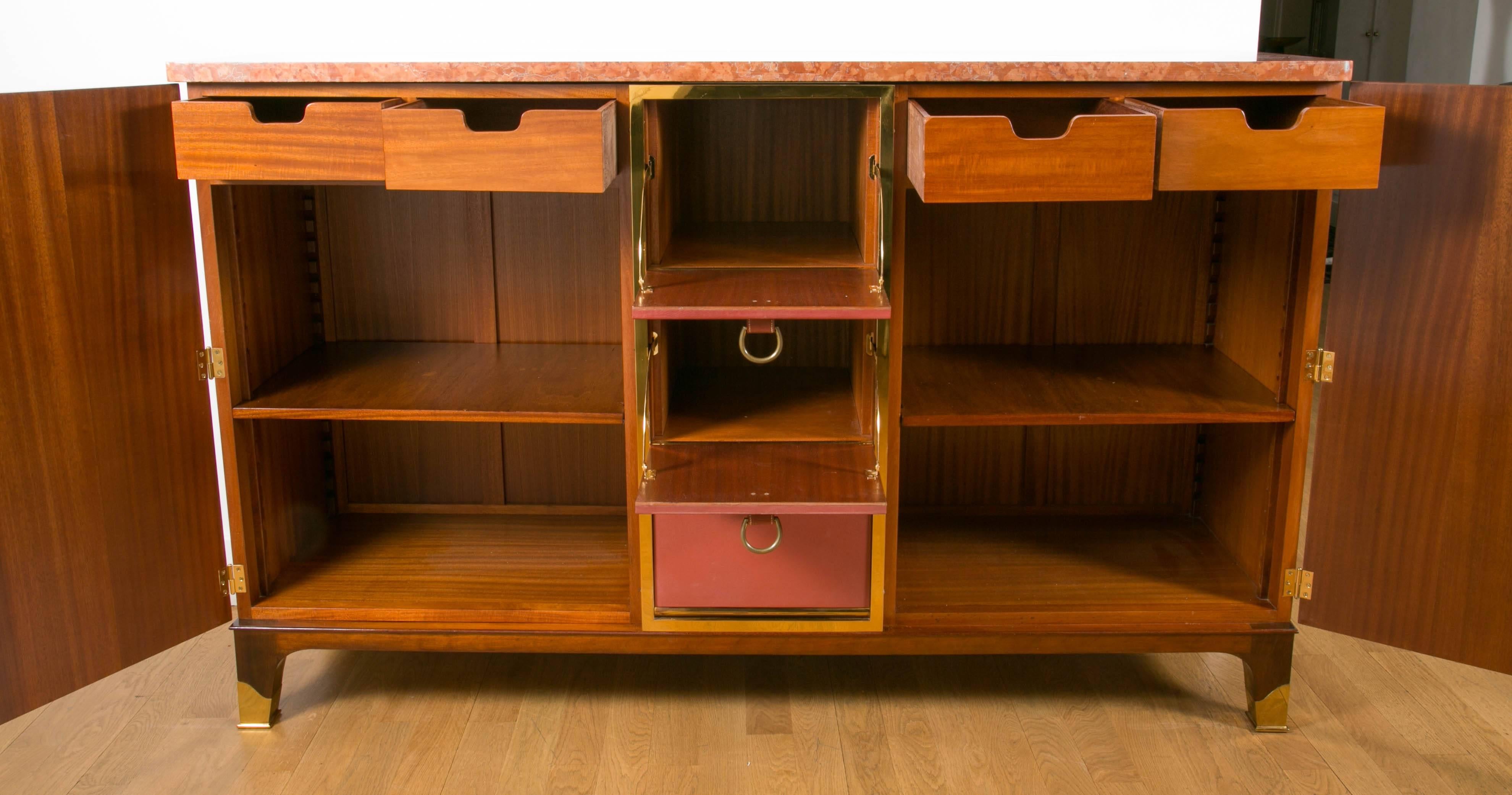 Gilt Rare mahogany and leather Sideboard cabinet, 1958, by P.Dupré-Lafon, France. For Sale