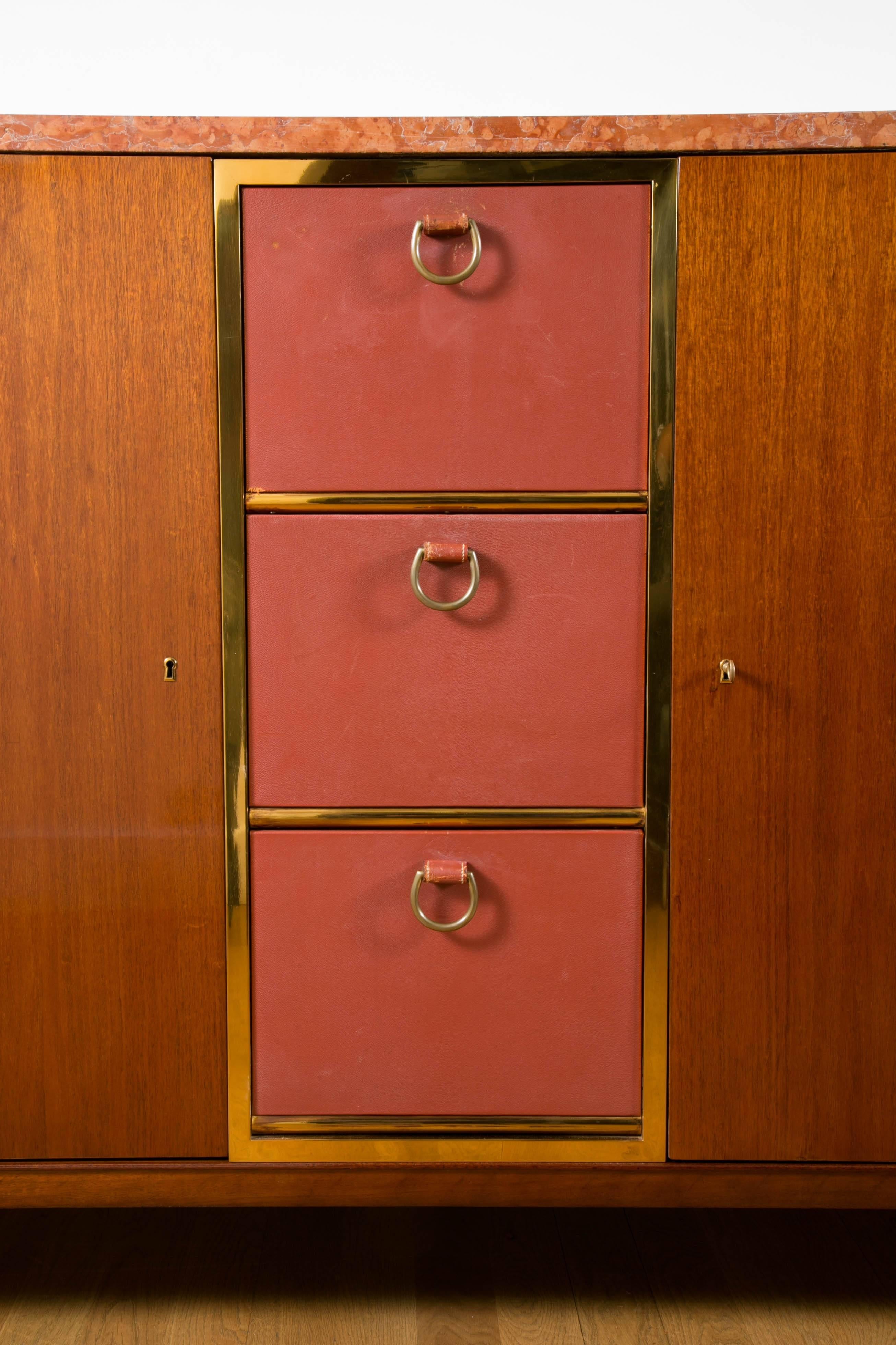 Mid-Century Modern Rare mahogany and leather Sideboard cabinet, 1958, by P.Dupré-Lafon, France. For Sale
