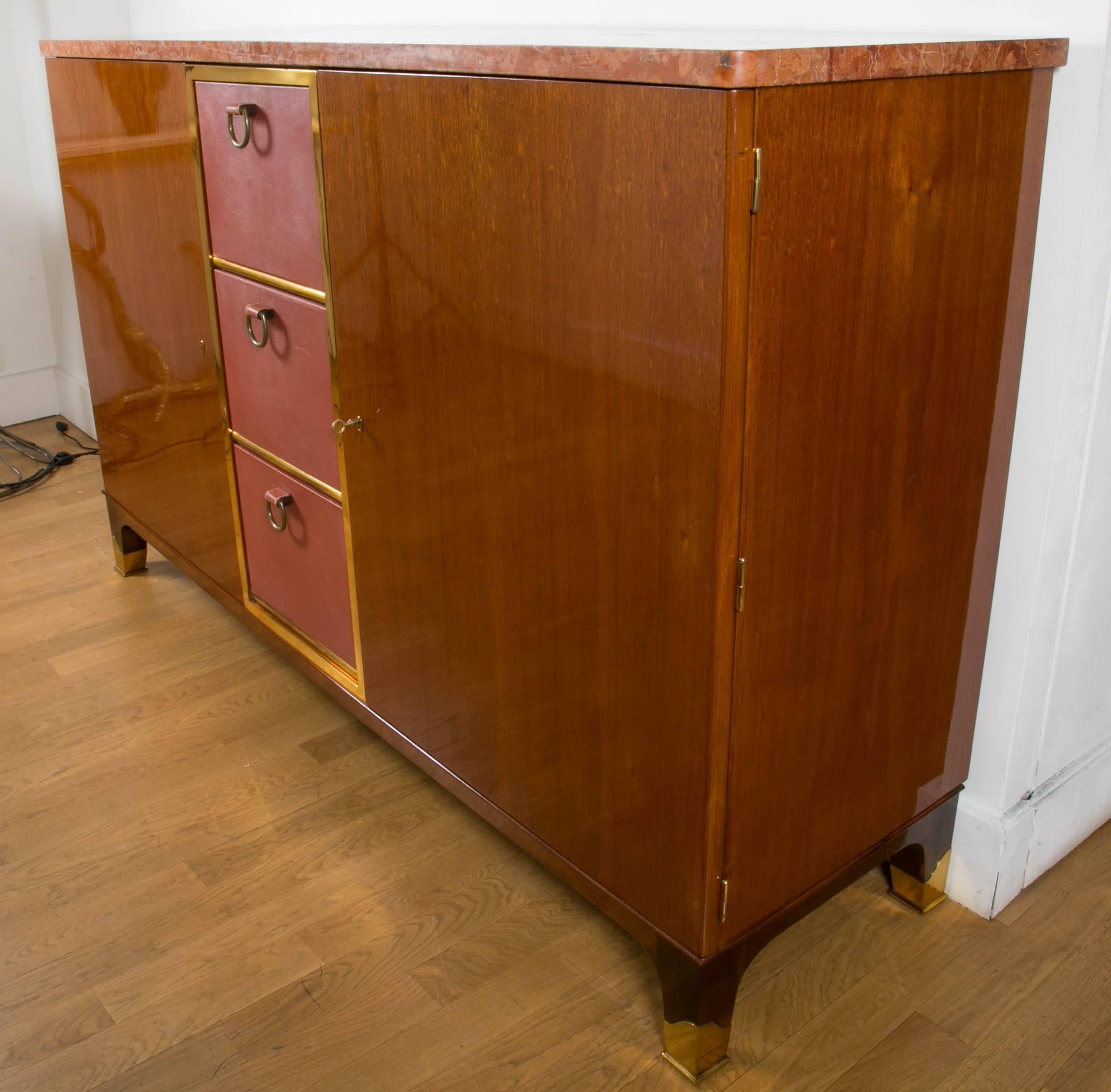 Mid-20th Century Rare mahogany and leather Sideboard cabinet, 1958, by P.Dupré-Lafon, France. For Sale
