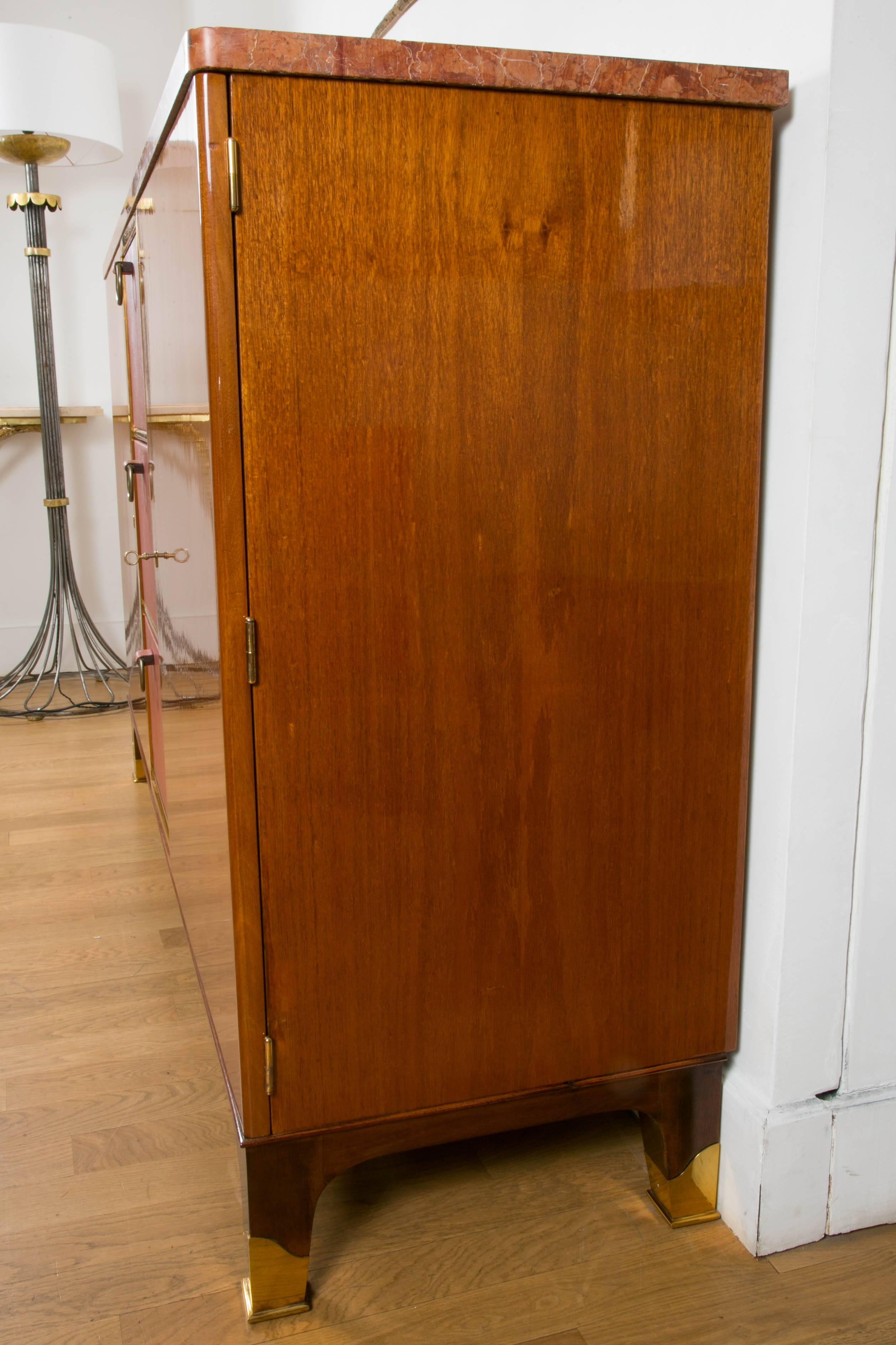 Brass Rare mahogany and leather Sideboard cabinet, 1958, by P.Dupré-Lafon, France. For Sale