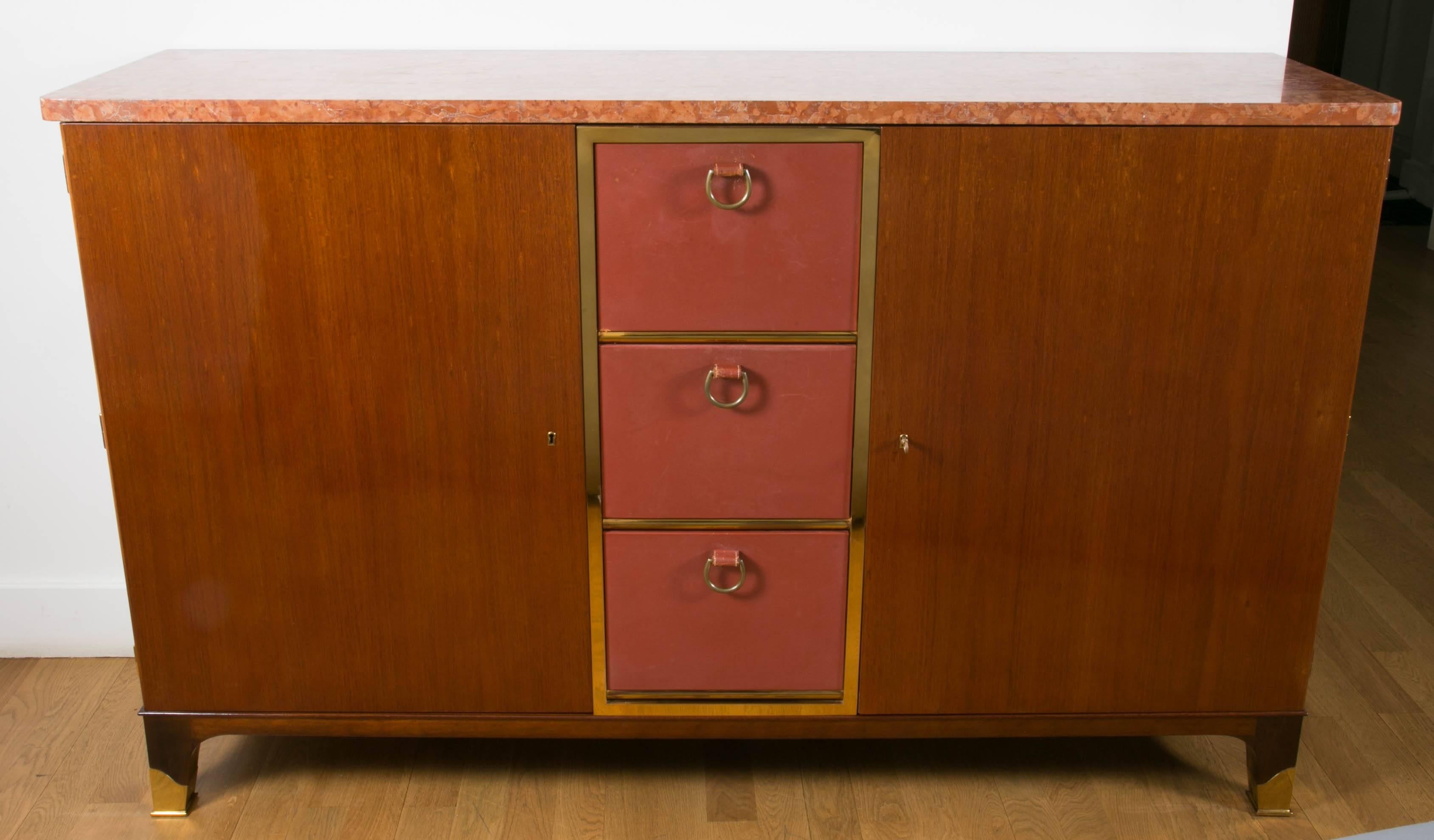 Rare mahogany and leather Sideboard cabinet, 1958, by P.Dupré-Lafon, France. For Sale 2