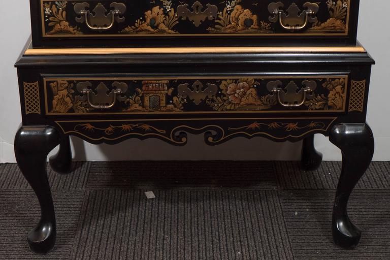 Maddox Chinoiserie Style Black Lacquer Secretaire Desk with Drop