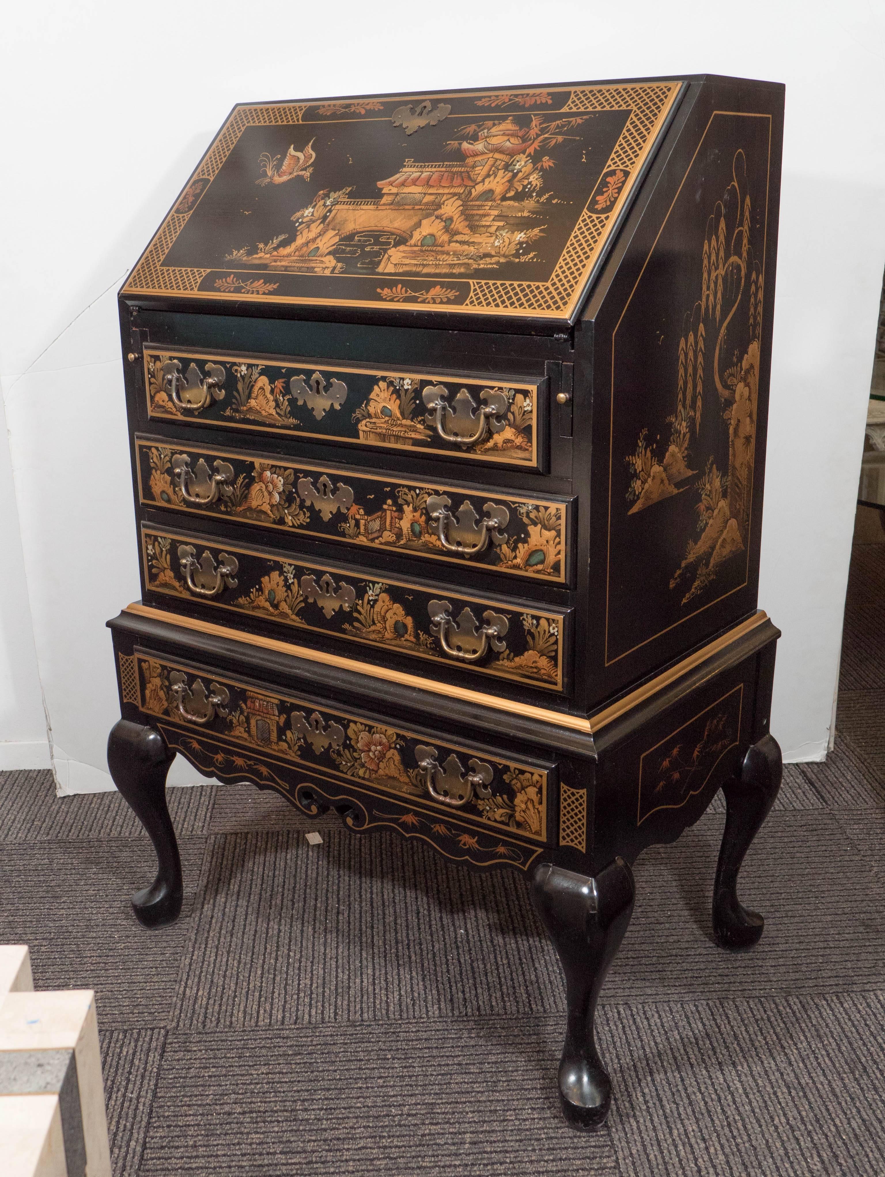 Lacquered Maddox Chinoiserie Style Black Lacquer Secretaire Desk with Drop-Front