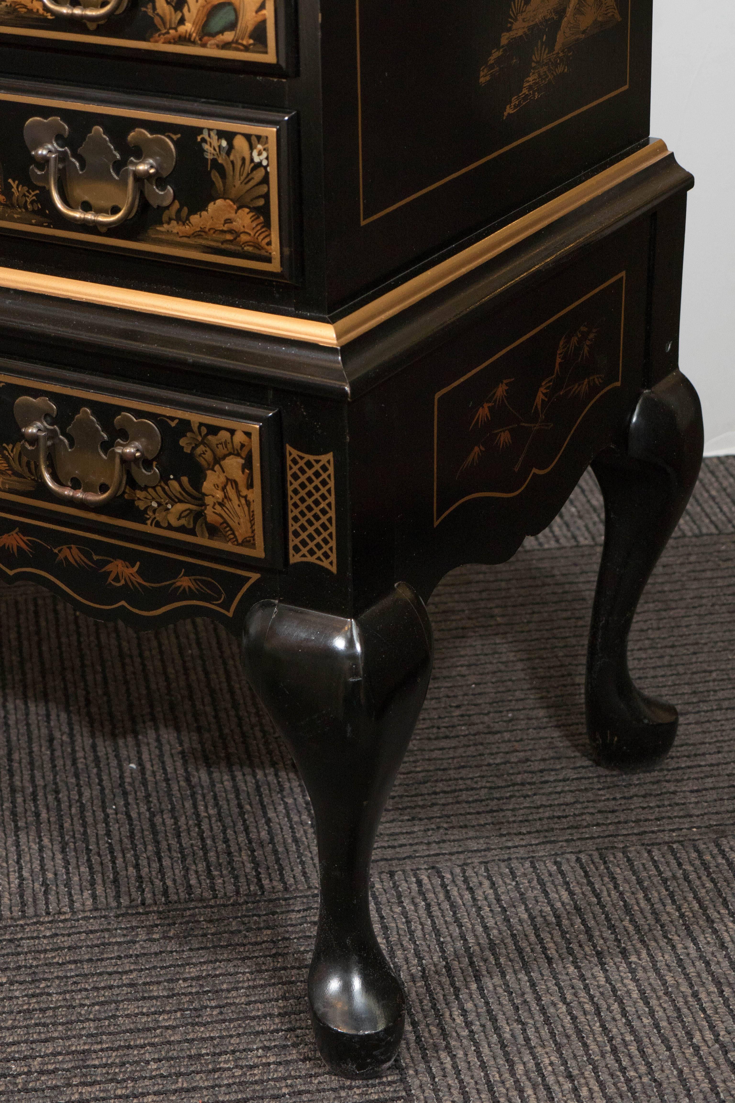 Maddox Chinoiserie Style Black Lacquer Secretaire Desk with Drop-Front In Good Condition In New York, NY