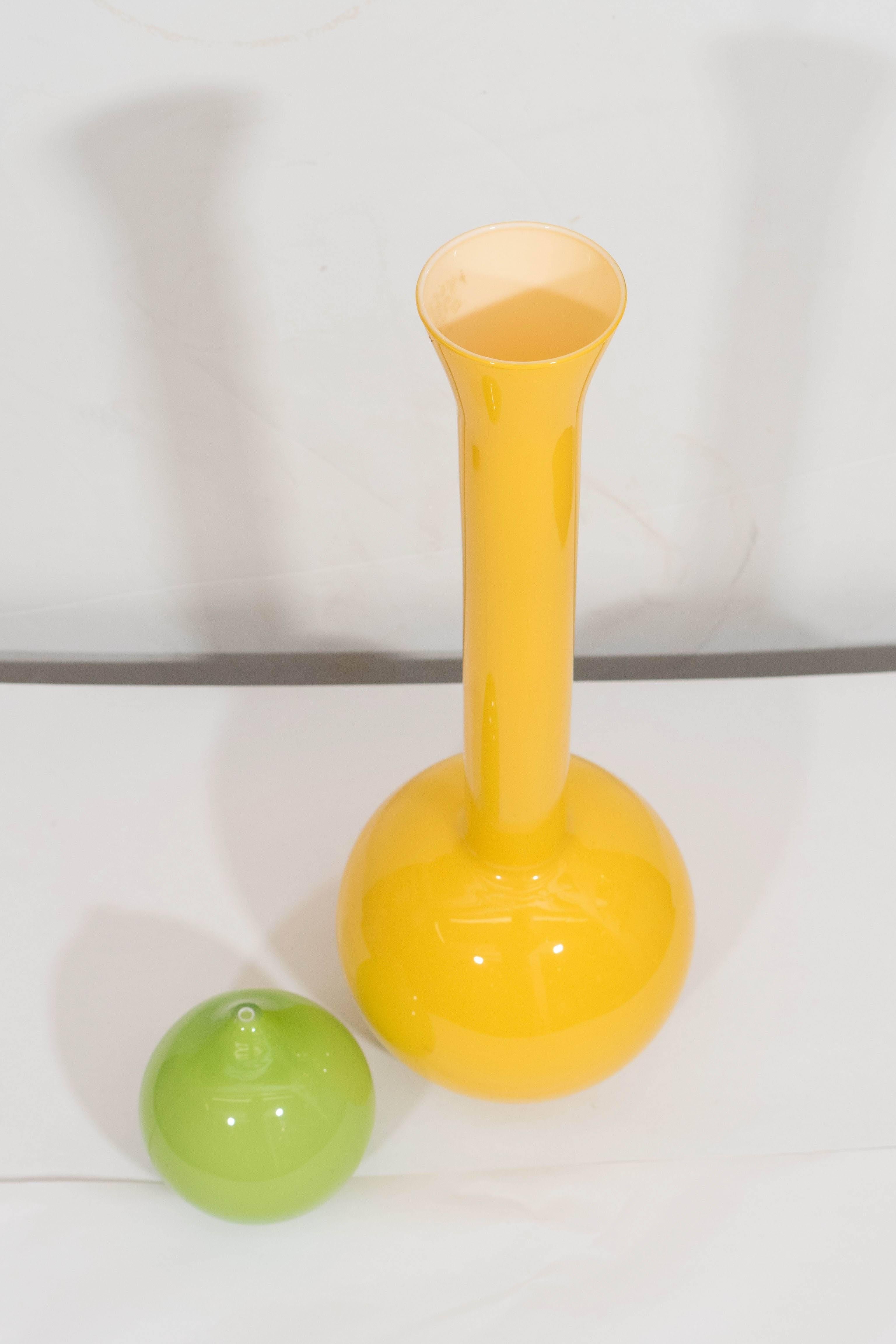 Mid-Century Modern Yellow and Green Empoli Cased Glass Floor Decanter with Stopper