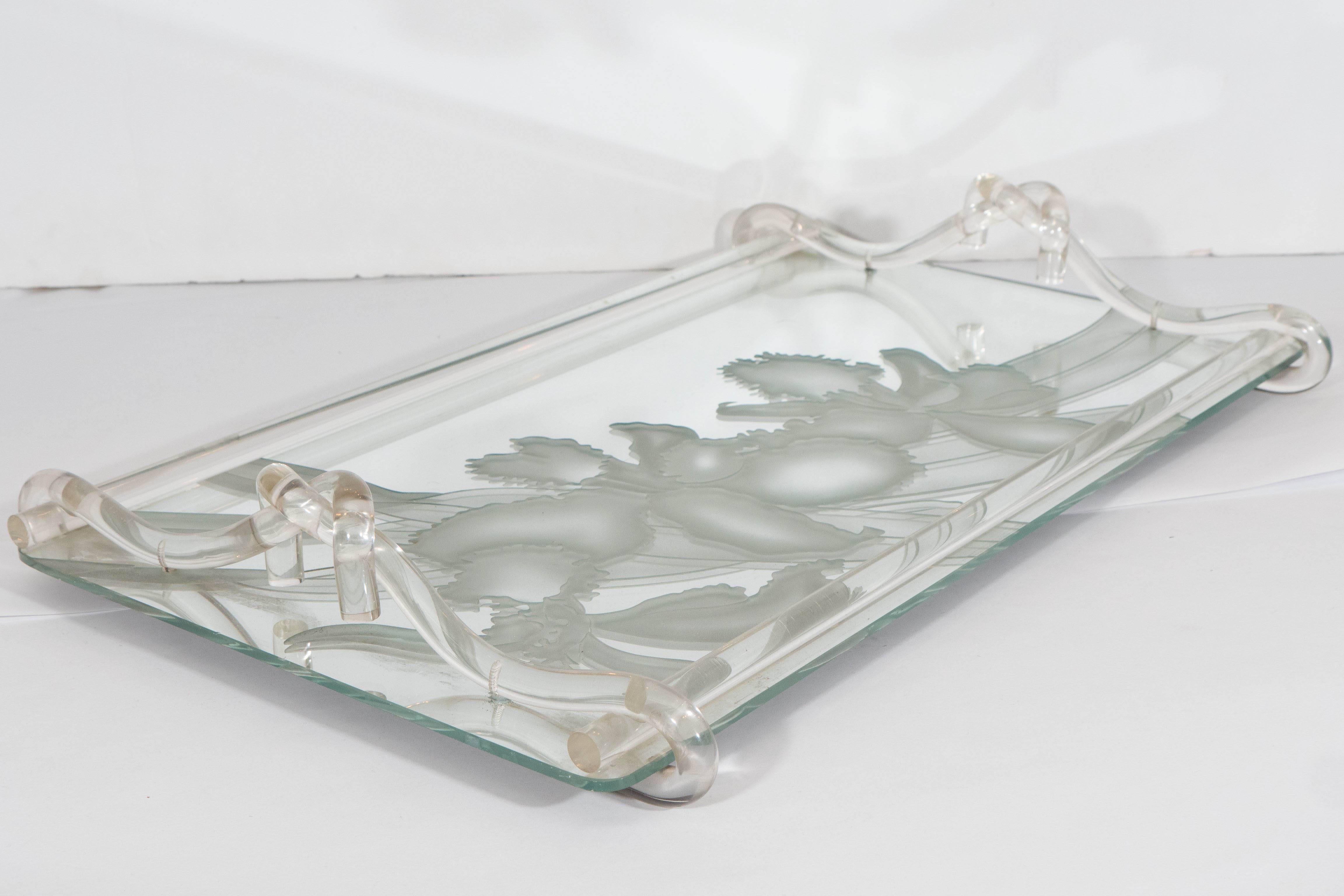 Mid-Century Modern Dorothy Thorpe Etched Mirrored Glass Tray with Lucite Handles For Sale