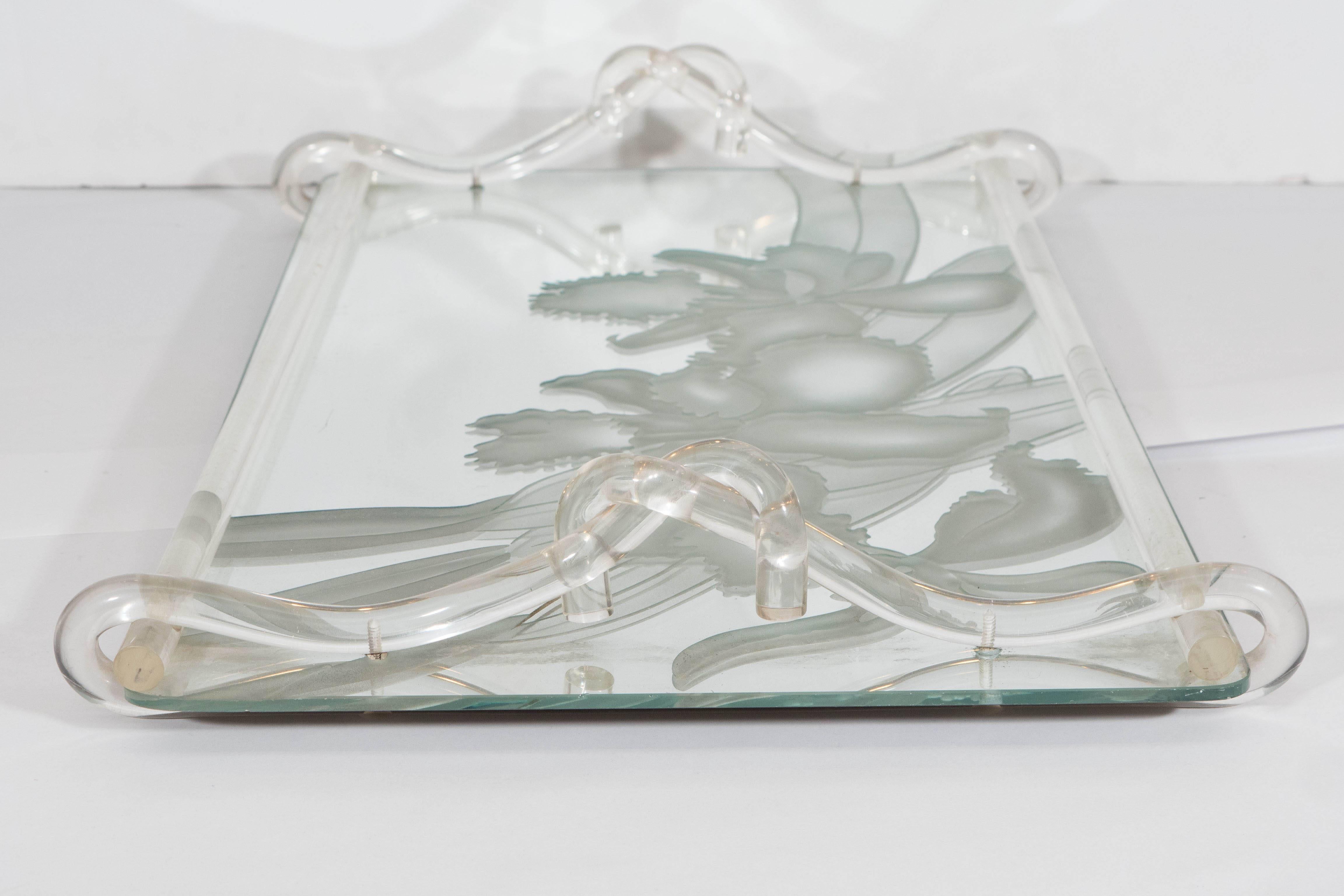 American Dorothy Thorpe Etched Mirrored Glass Tray with Lucite Handles For Sale