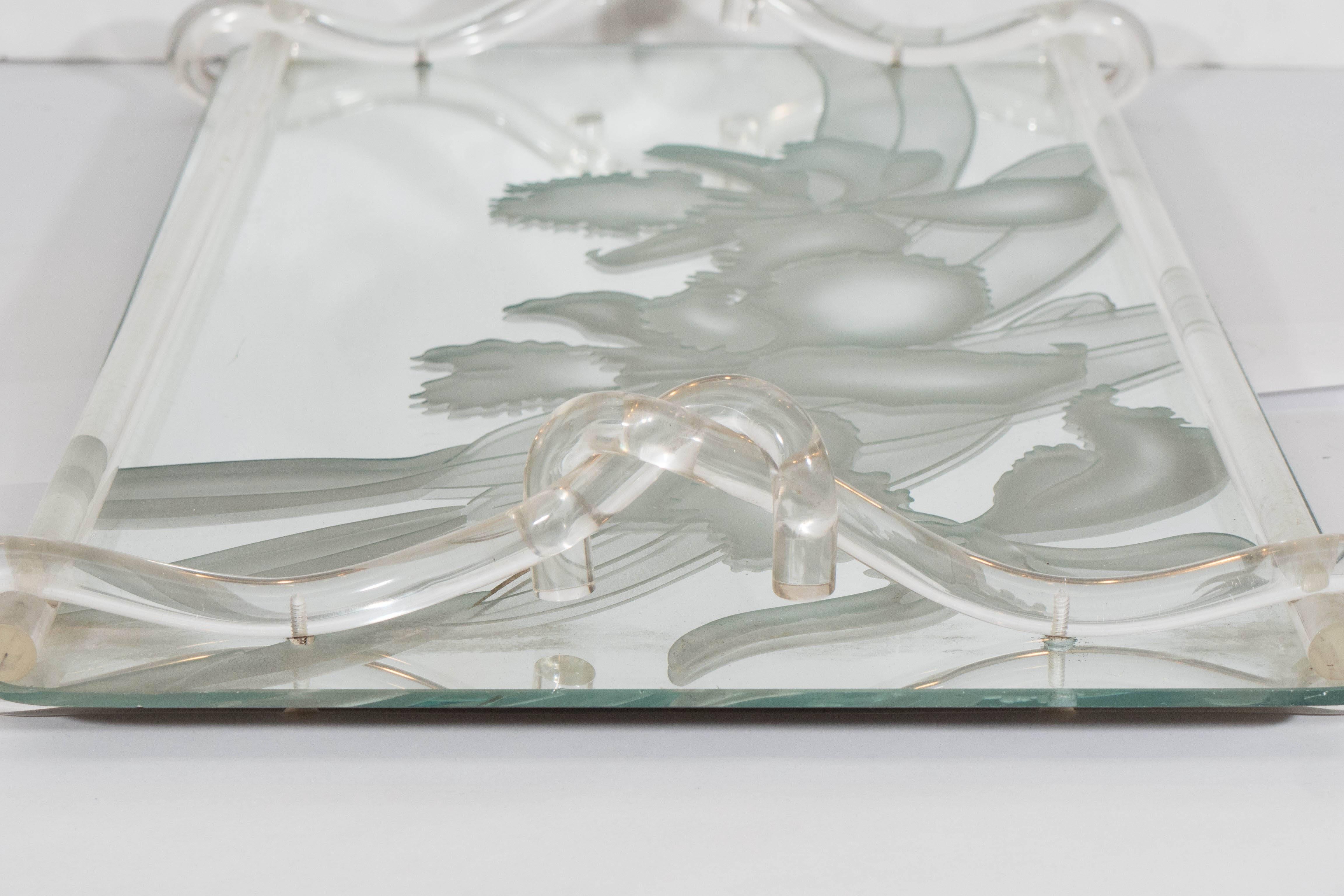 Dorothy Thorpe Etched Mirrored Glass Tray with Lucite Handles In Good Condition For Sale In New York, NY