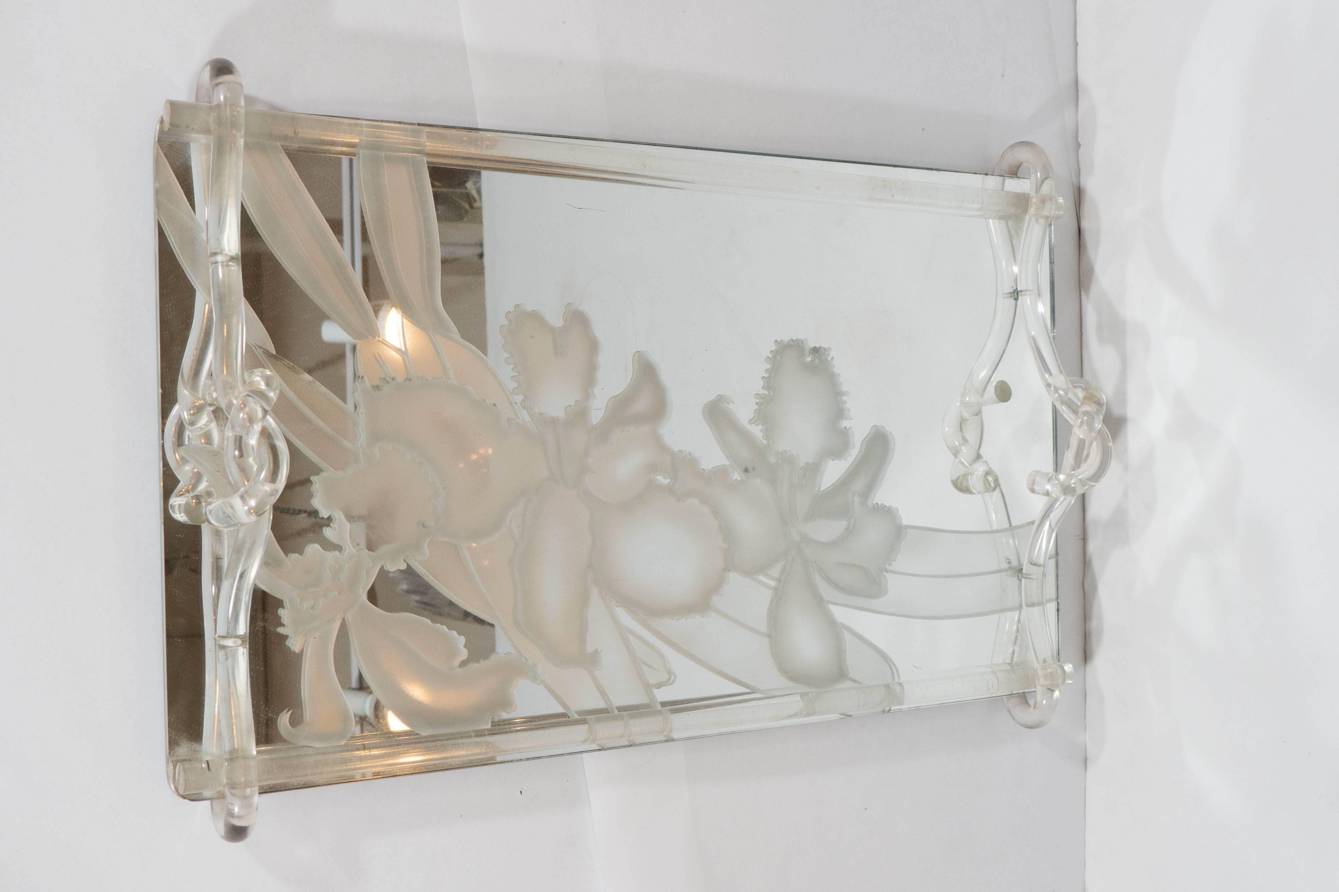 20th Century Dorothy Thorpe Etched Mirrored Glass Tray with Lucite Handles For Sale