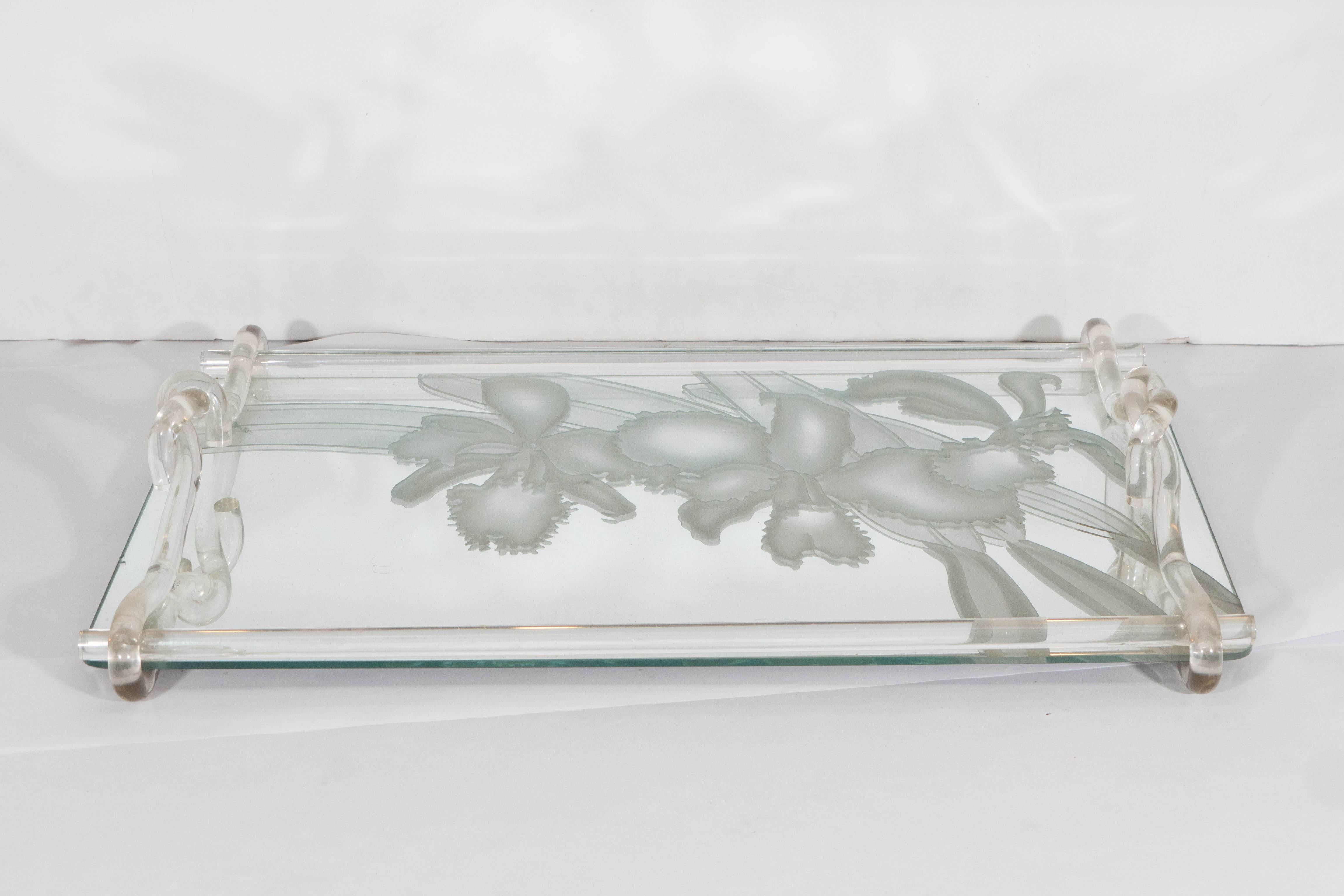 Dorothy Thorpe Etched Mirrored Glass Tray with Lucite Handles For Sale 1