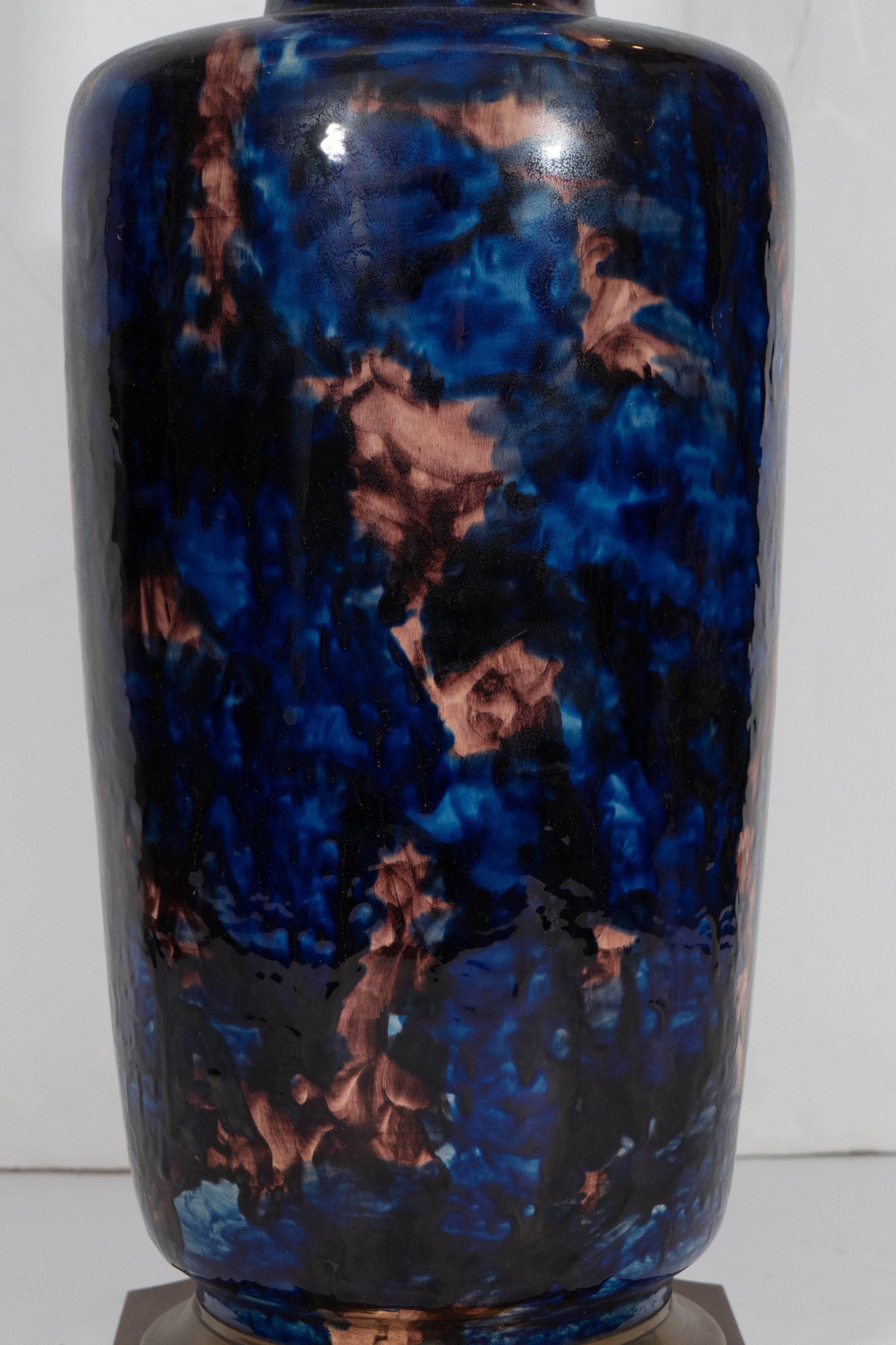Glazed Midcentury Hand-Painted Ceramic Vase Lamp in Cobalt and Mauve