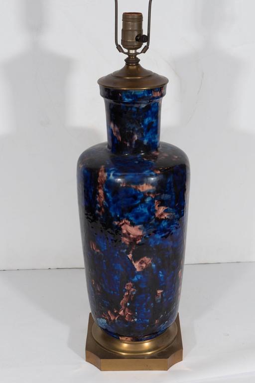 Midcentury HandPainted Ceramic Vase Lamp in Cobalt and Mauve For Sale