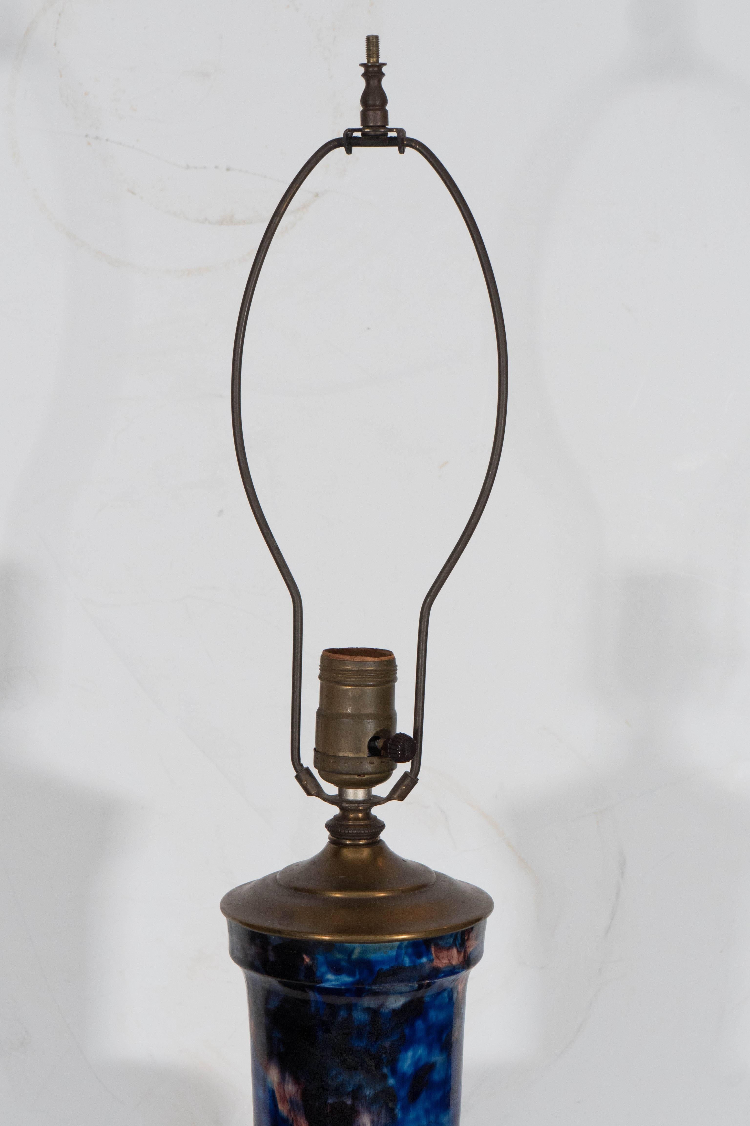 Brass Midcentury Hand-Painted Ceramic Vase Lamp in Cobalt and Mauve
