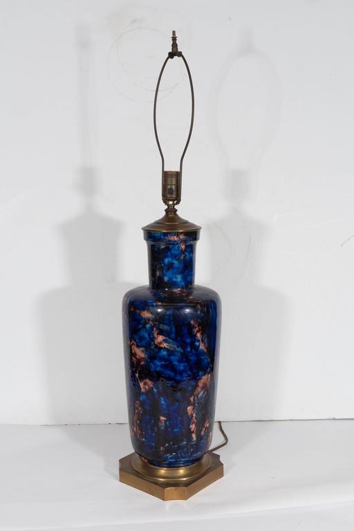 Midcentury HandPainted Ceramic Vase Lamp in Cobalt and Mauve For Sale