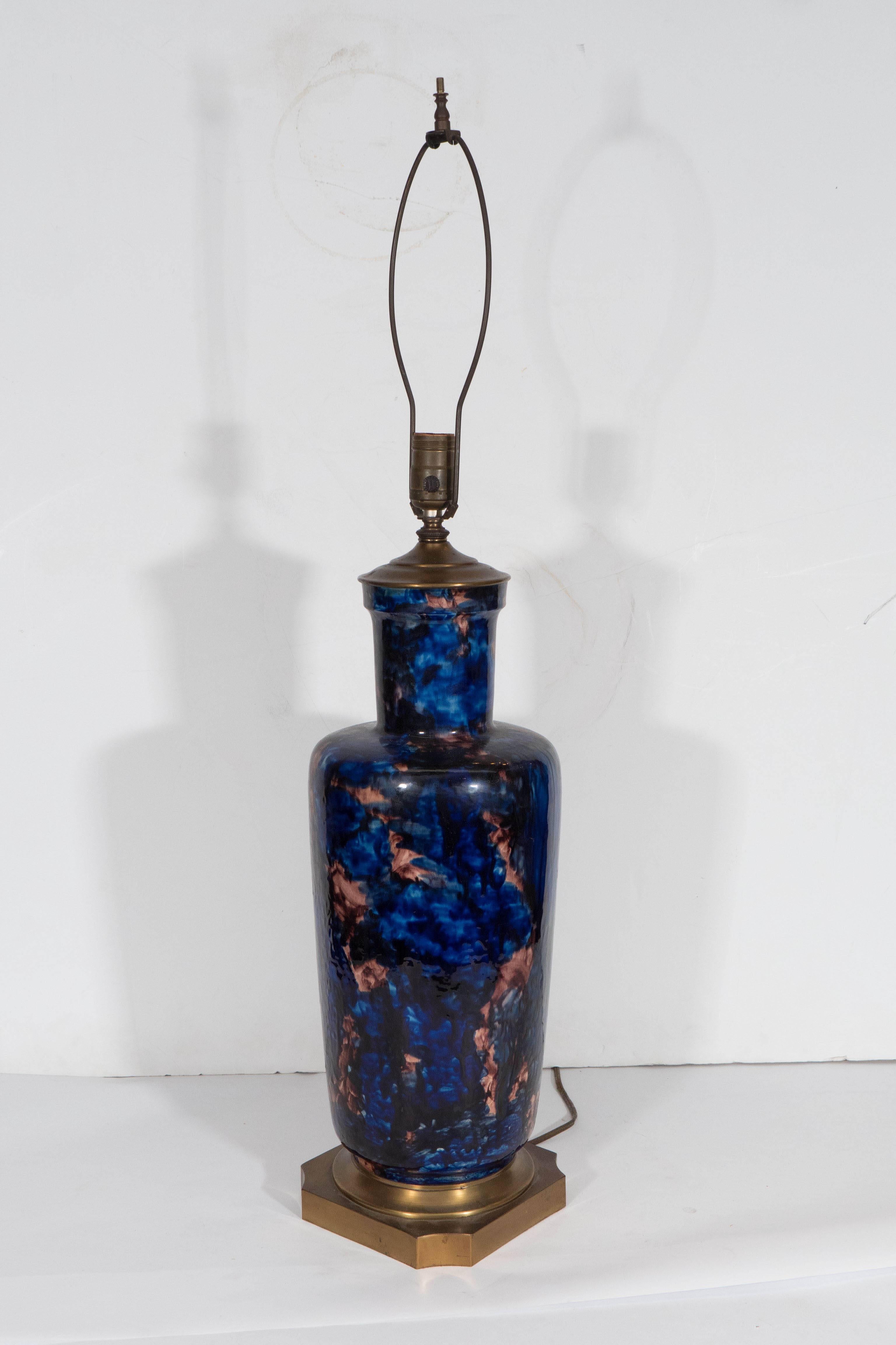 Midcentury Hand-Painted Ceramic Vase Lamp in Cobalt and Mauve 1