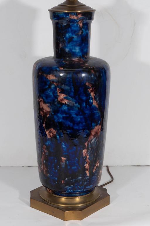 Midcentury HandPainted Ceramic Vase Lamp in Cobalt and Mauve For Sale