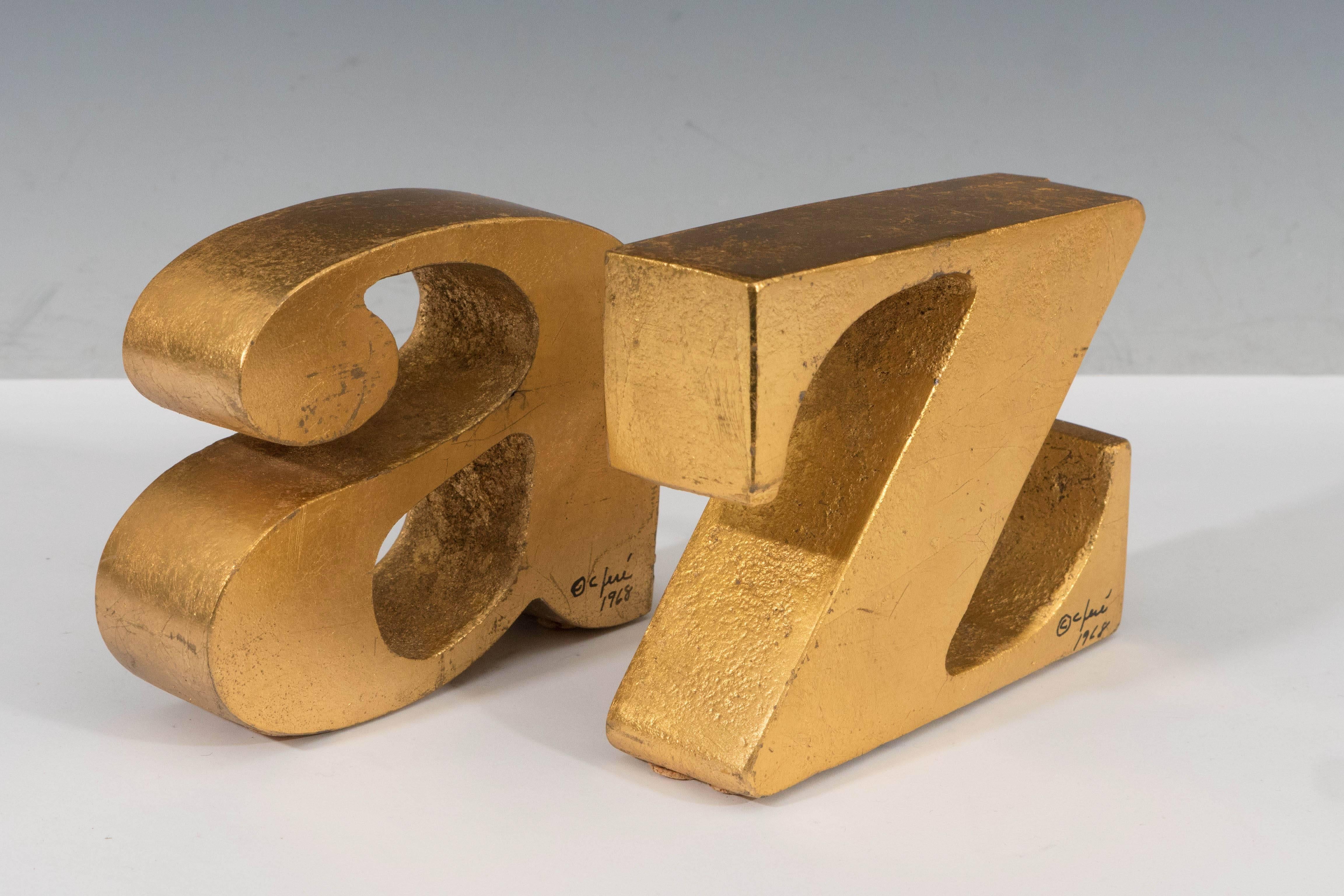Pair of Mid-Century a/z Gold Gilt Metal Bookends by Curtis Jere Signed and Dated 1