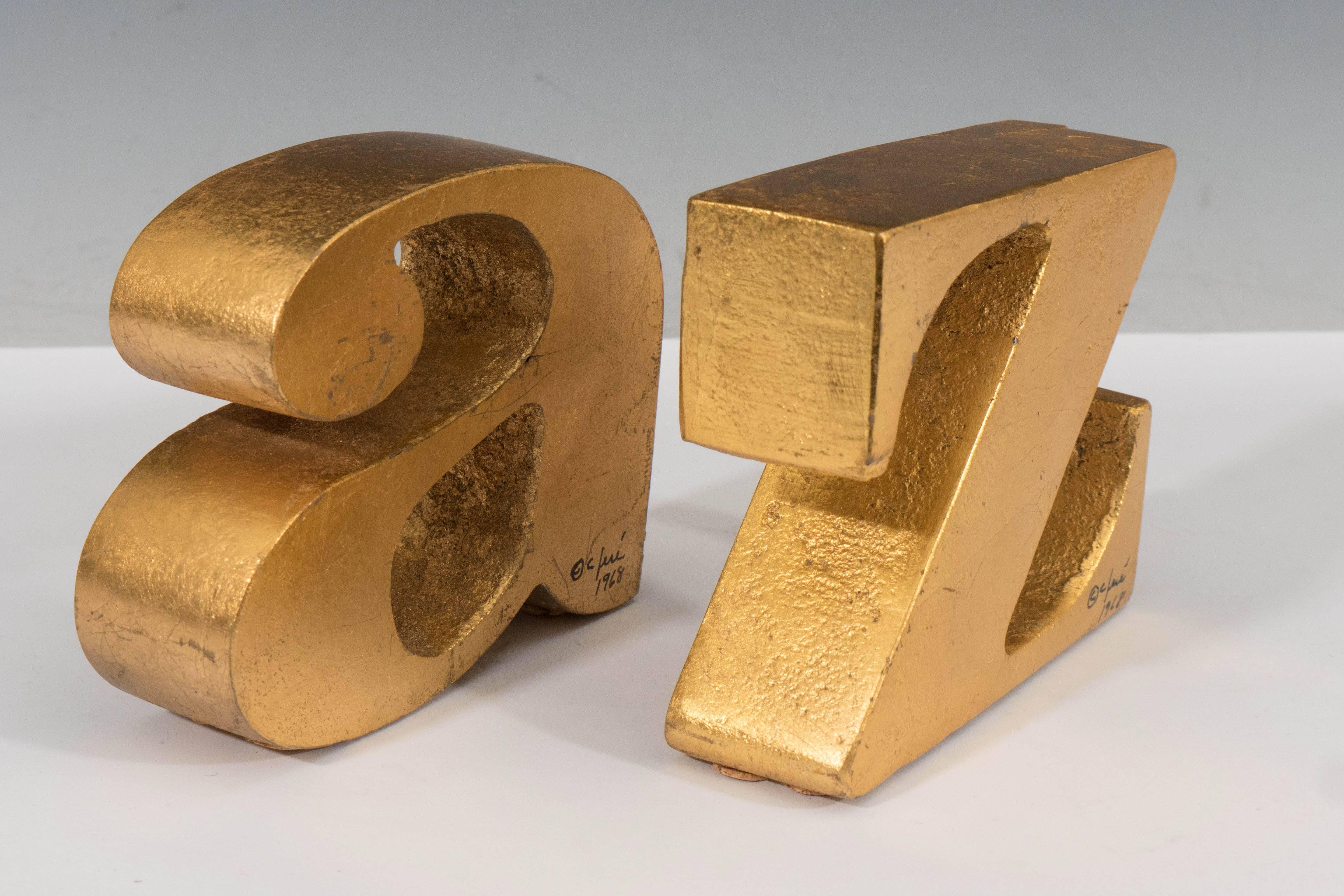 Pair of Mid-Century a/z Gold Gilt Metal Bookends by Curtis Jere Signed and Dated 2