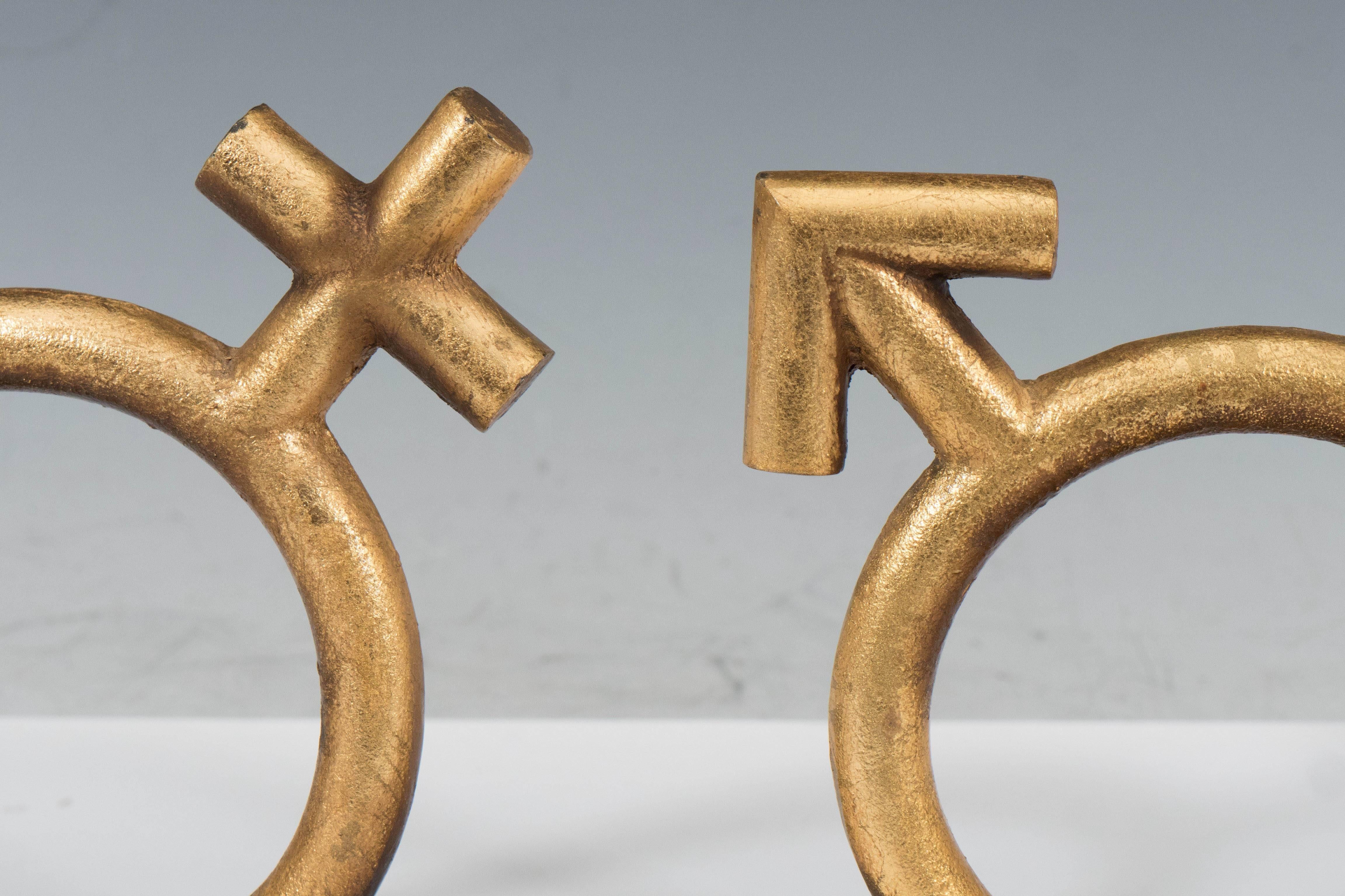 Mid-Century Modern Pair of Mid-Century Curtis Jere Gold Gilt Metal Bookends, Titled 'The Sexes'