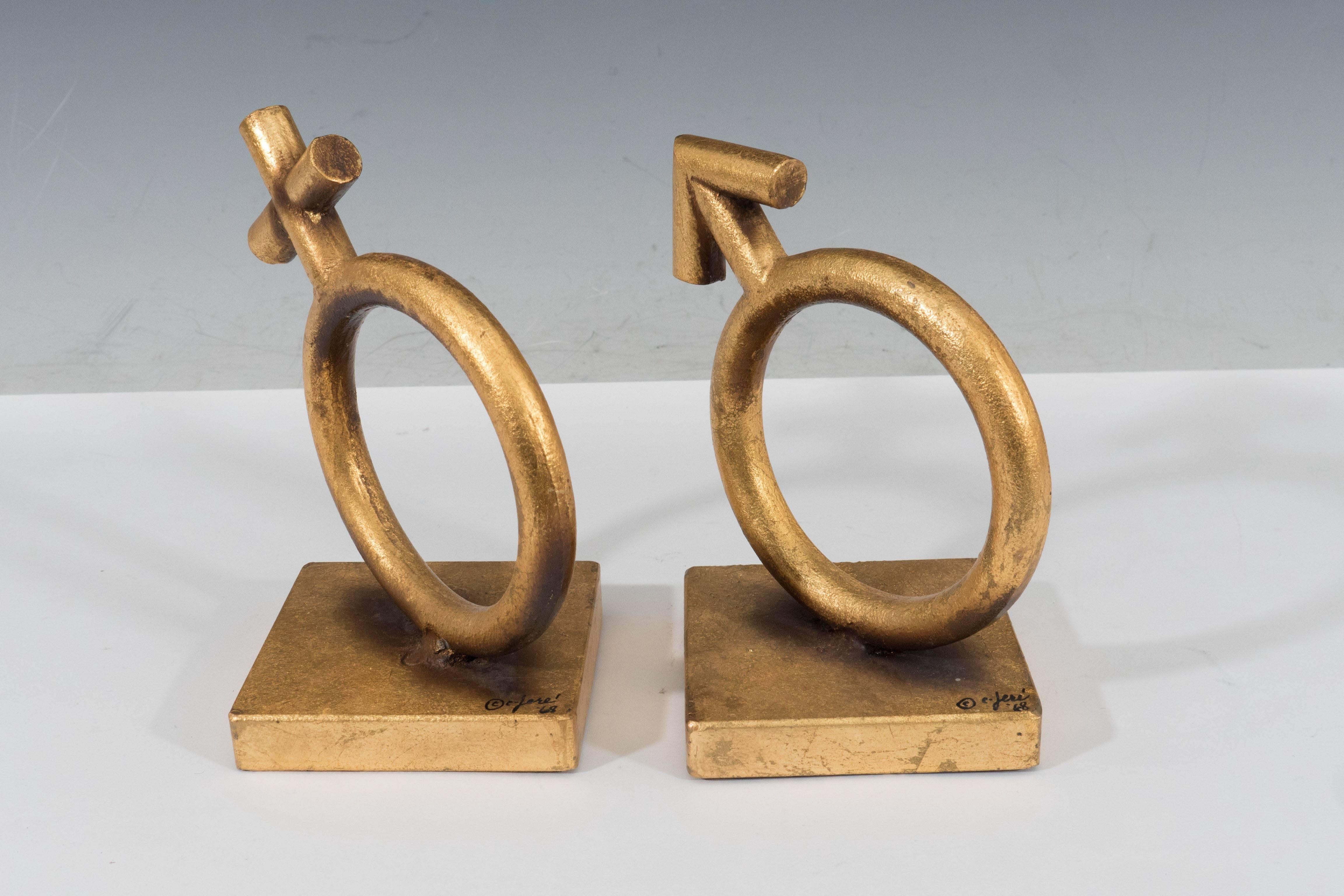 Pair of Mid-Century Curtis Jere Gold Gilt Metal Bookends, Titled 'The Sexes' 2