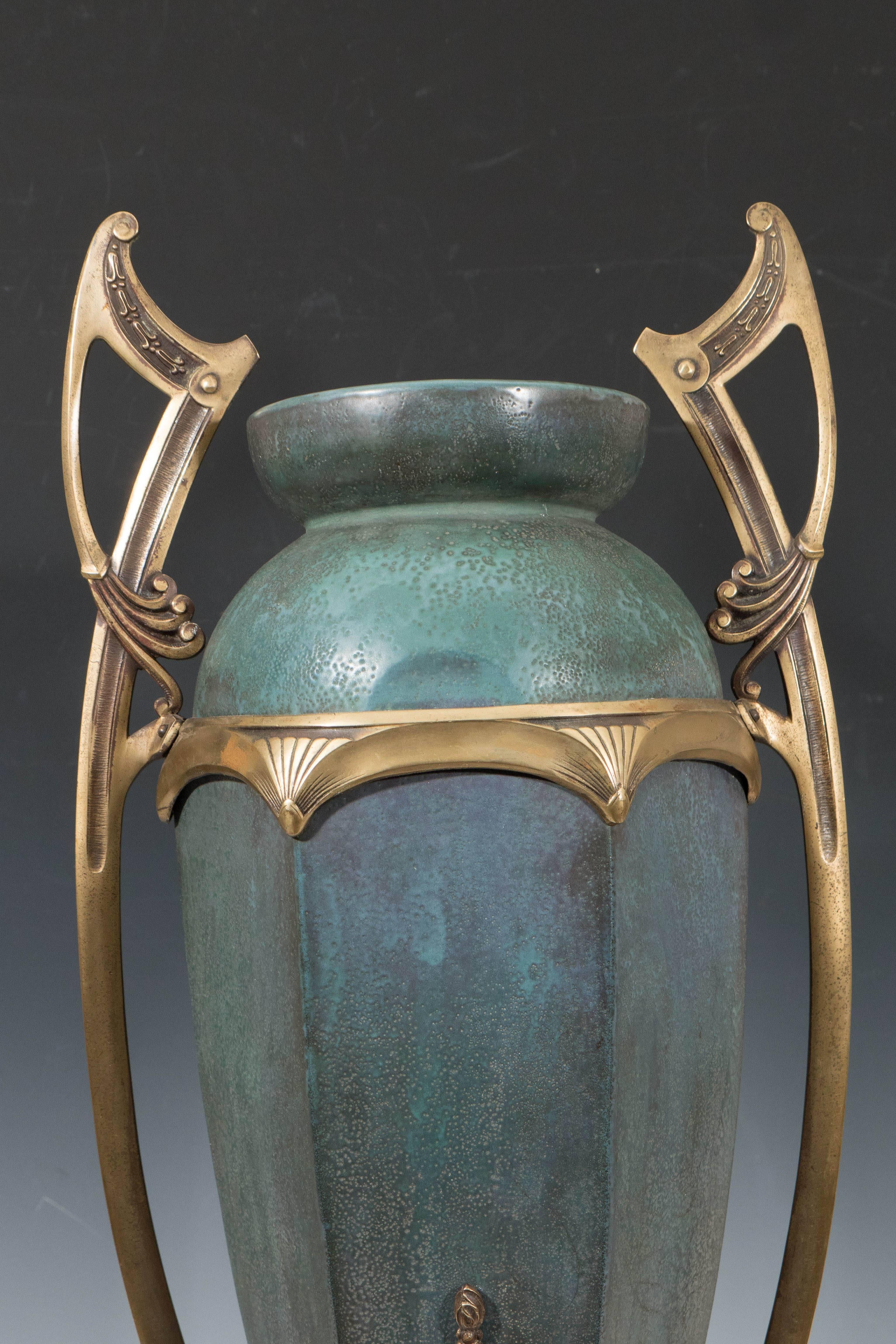 Austrian Amphora Early 20th Century Bronze-Mounted Ceramic Vase by Paul Dachsel