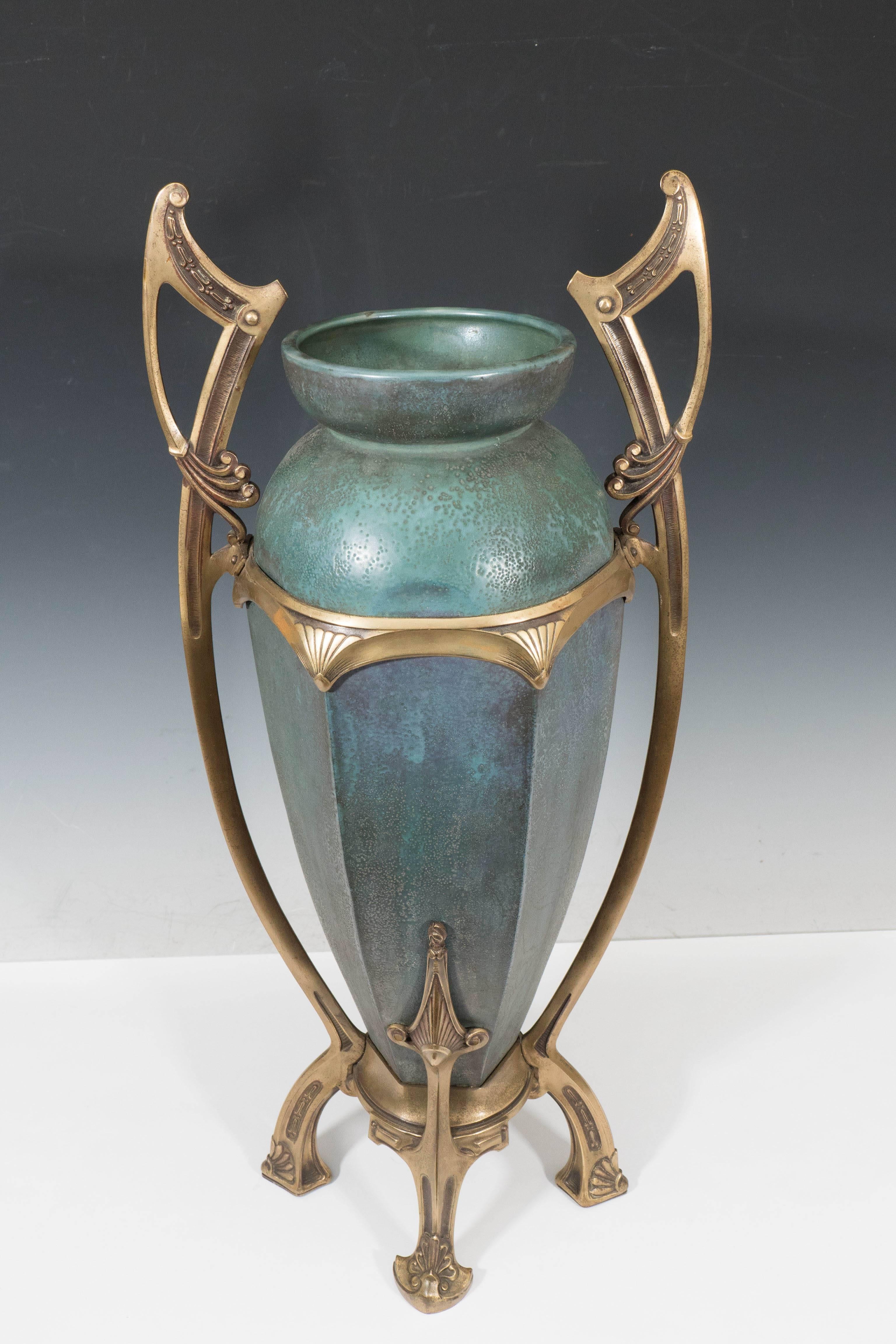 Amphora Early 20th Century Bronze-Mounted Ceramic Vase by Paul Dachsel 1