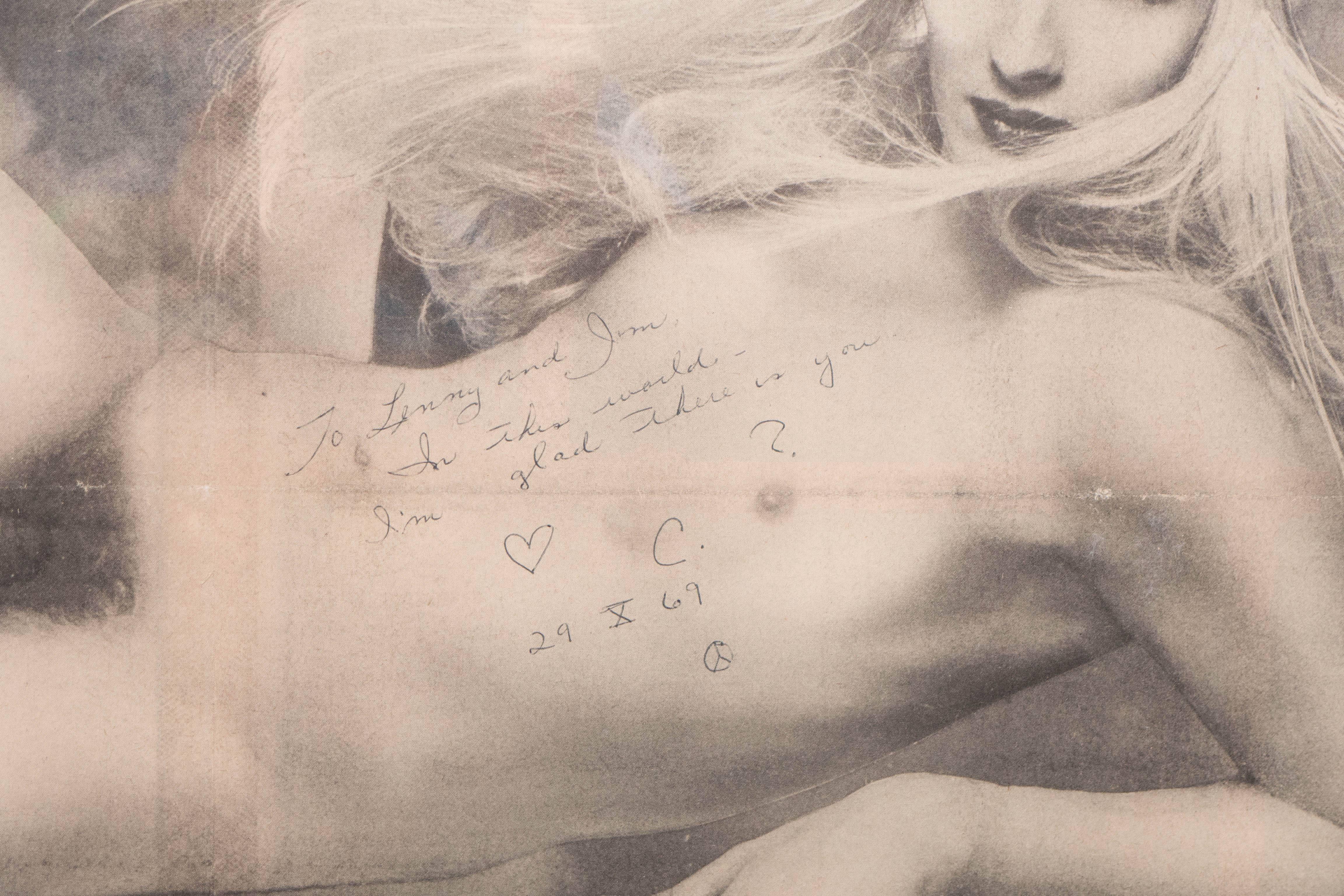 A vintage, autographed poster of superstar Candy Darling, centerfold of Andy Warhol, from 'Newspaper', an early precursor of ‘Interview Magazine’; Signed to Lenny and Jim (Leonard Barton and Jim Hanify), fellow residents of the Chelsea Hotel. The