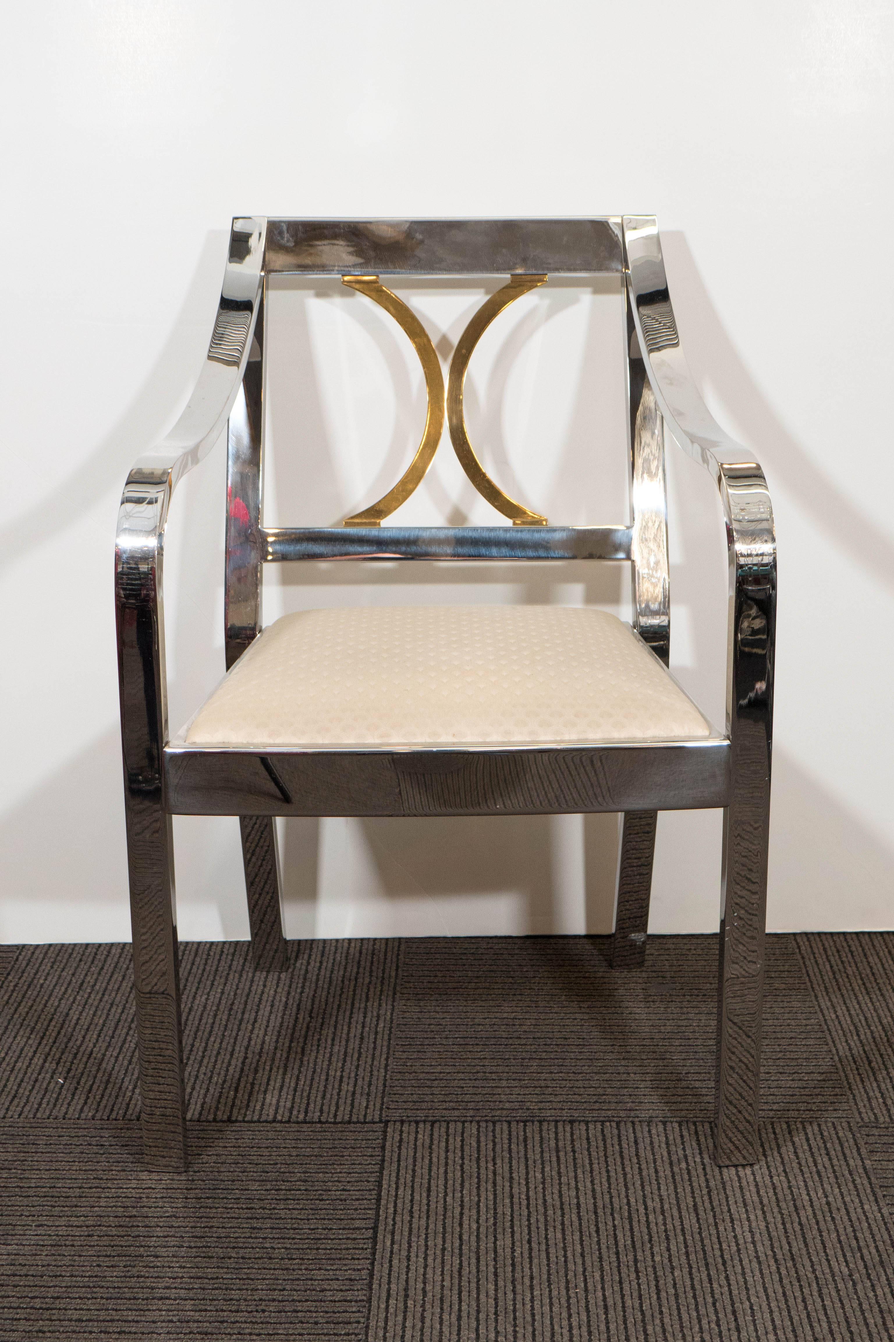 Plated Karl Springer Armchair in Polished Steel with Brass Detail