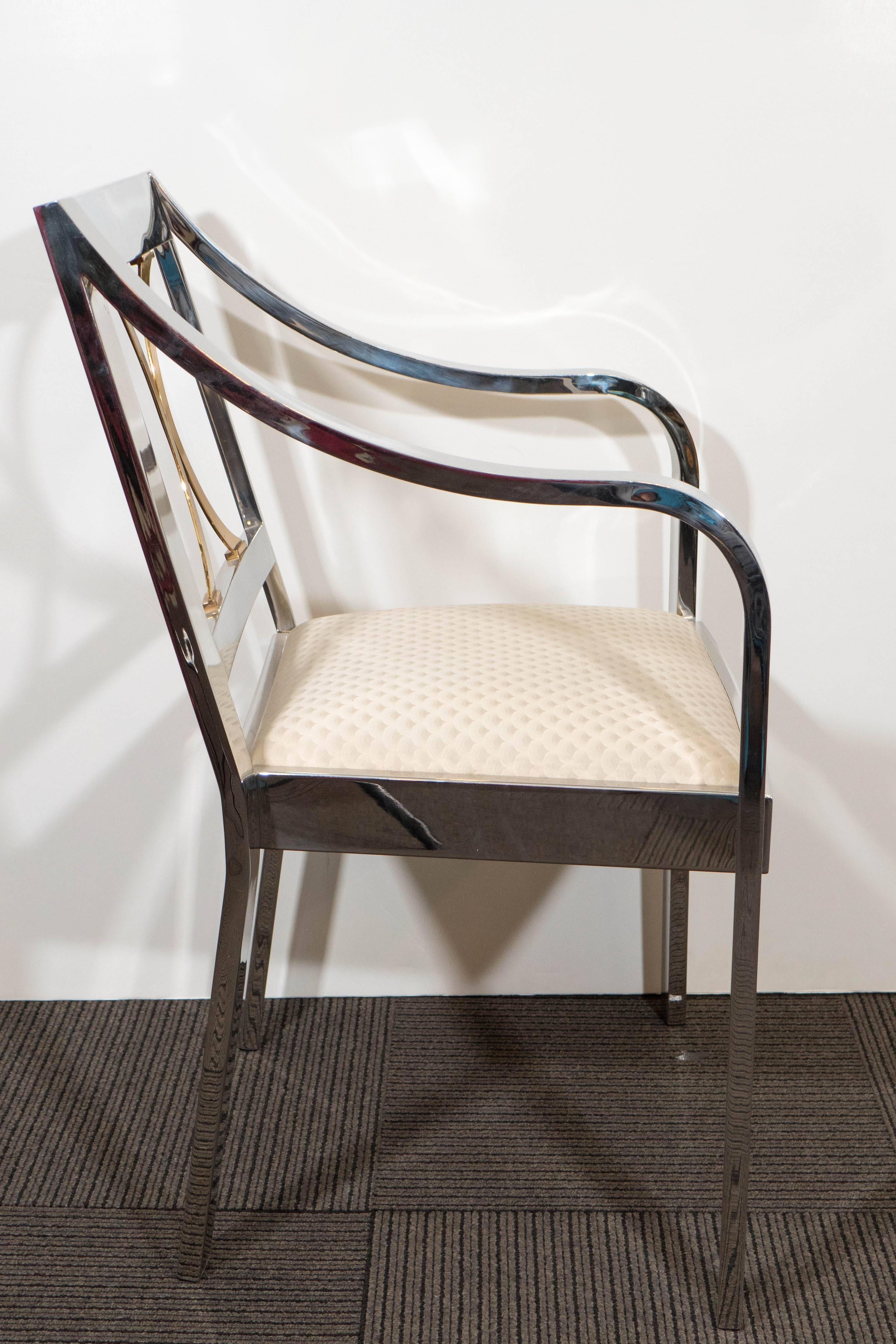 Late 20th Century Karl Springer Armchair in Polished Steel with Brass Detail