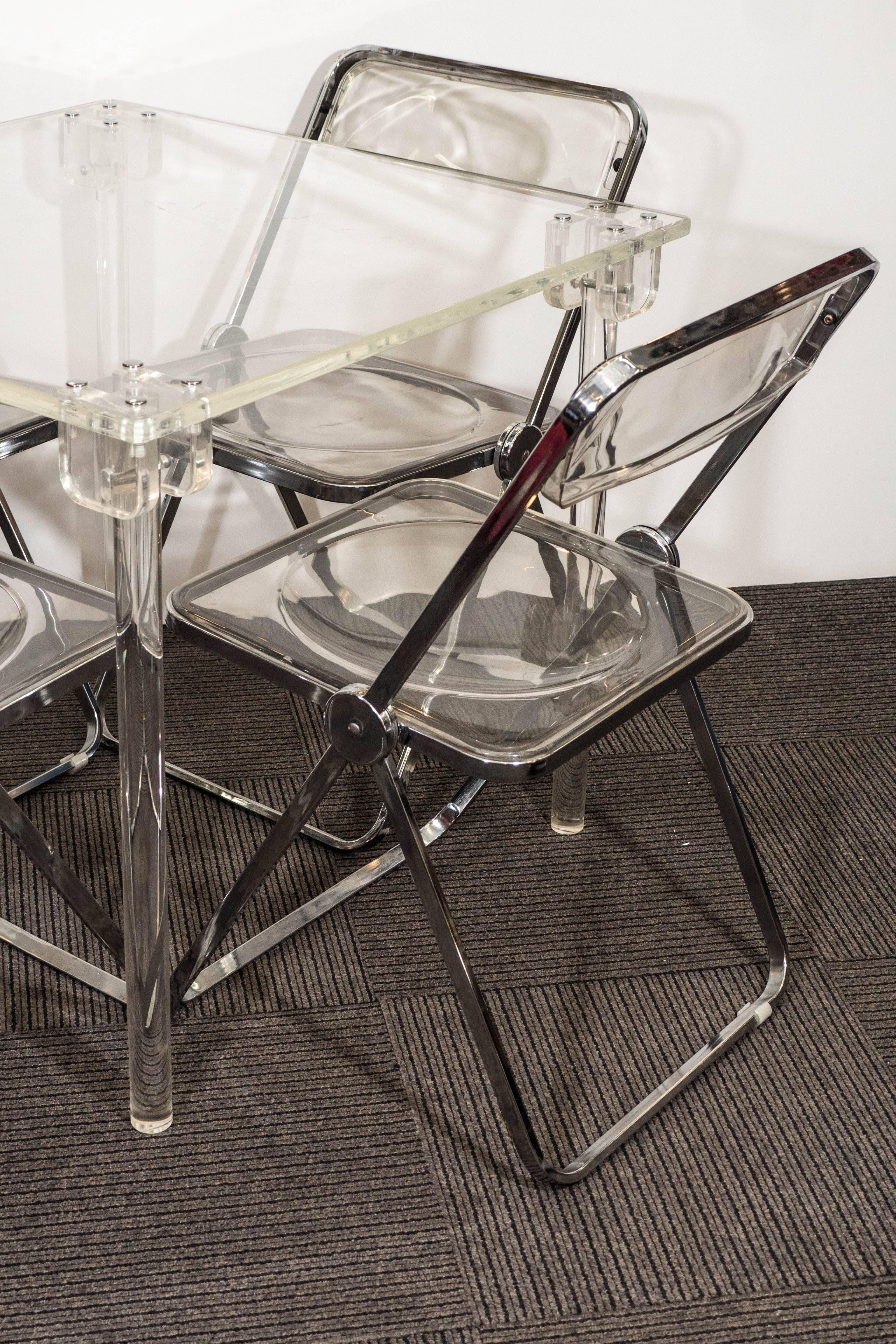 Modern Charles Hollis Jones Lucite Game Table with Set of Four Piretti 'Plia' Chairs